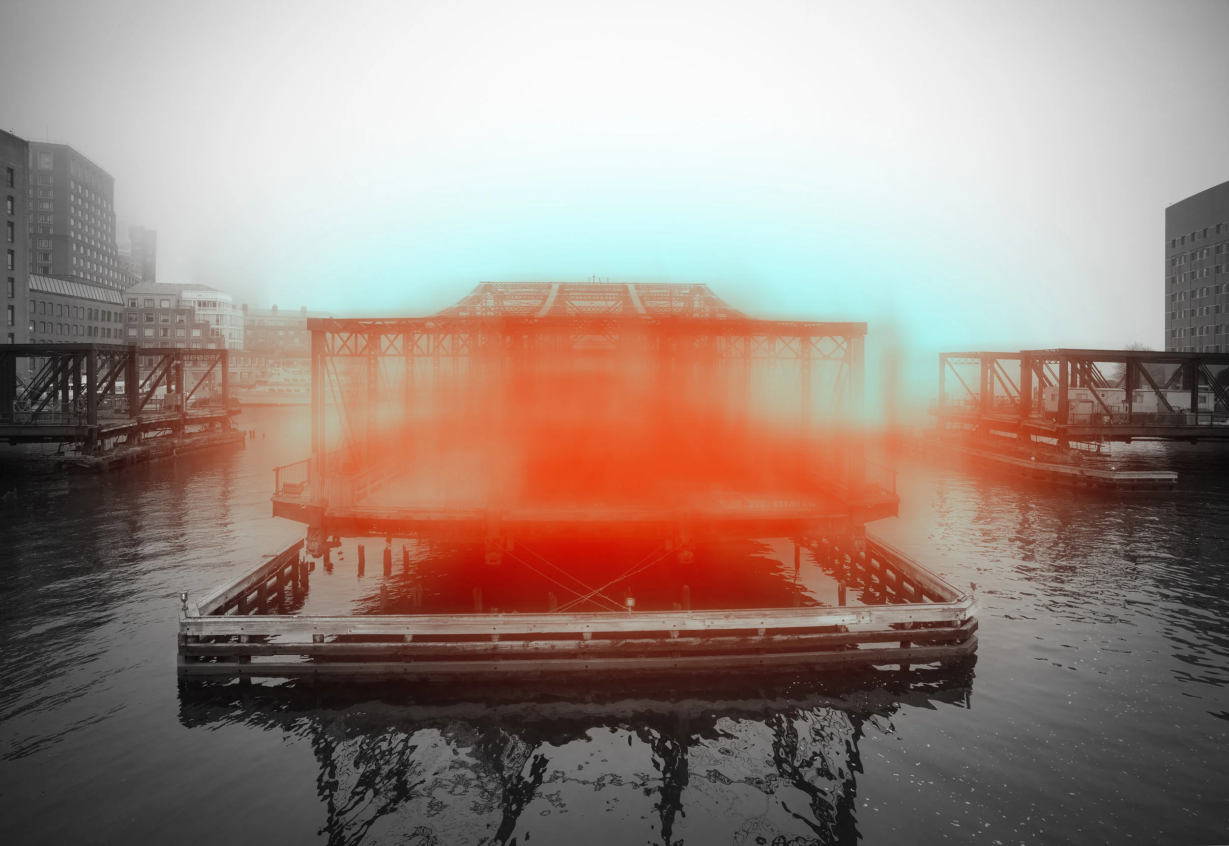 Bridge with Orange and Phthalo Blue 8:24 am , digital photograph on plexiglass, 30" x 45", $3,400