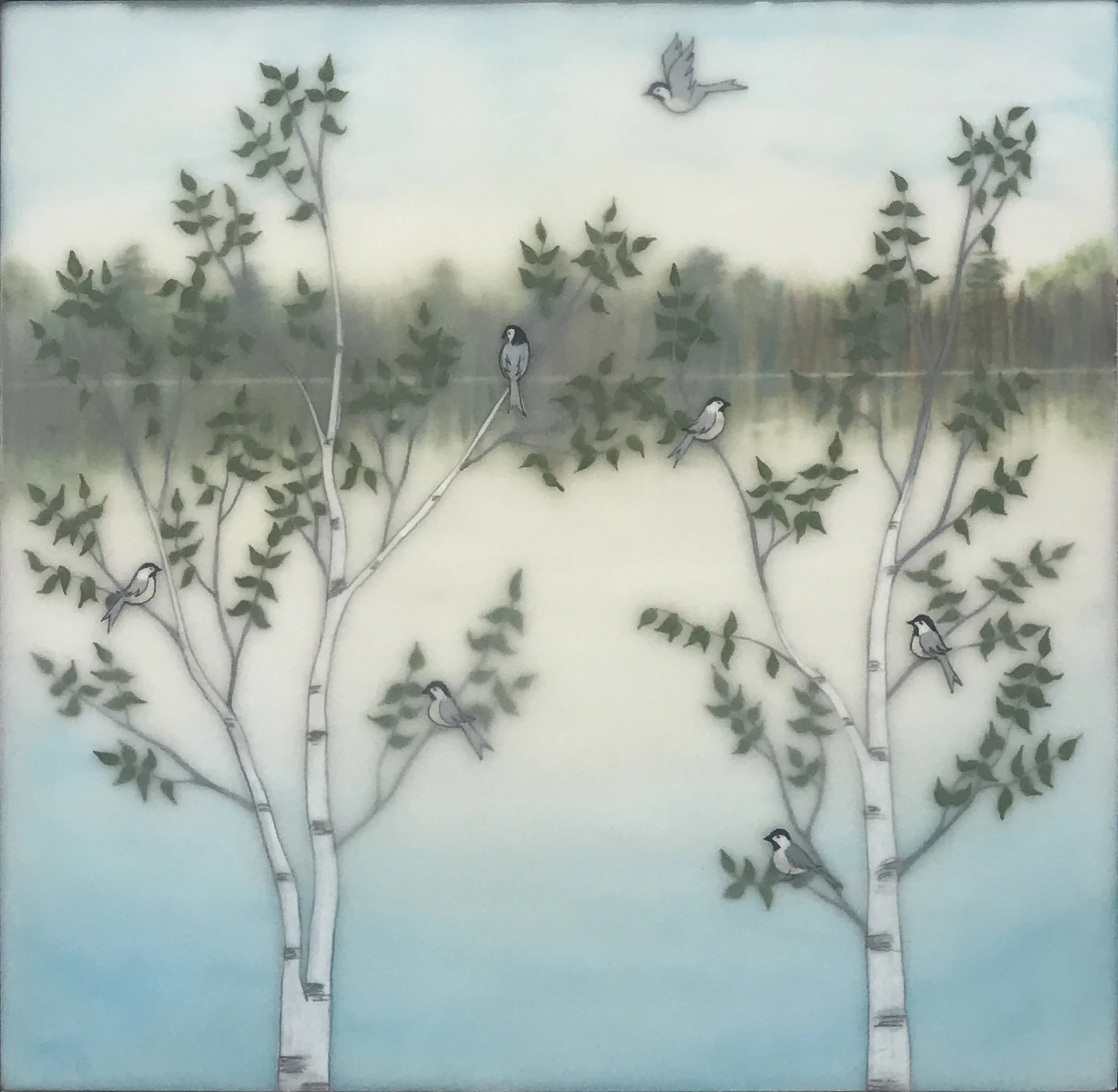 Lakeside Chickadees , encaustic, gouache, rice paper, pastel, mounted on birch panel, reclaimed beach fence frame, 10 ½" x 10 ½", sold
