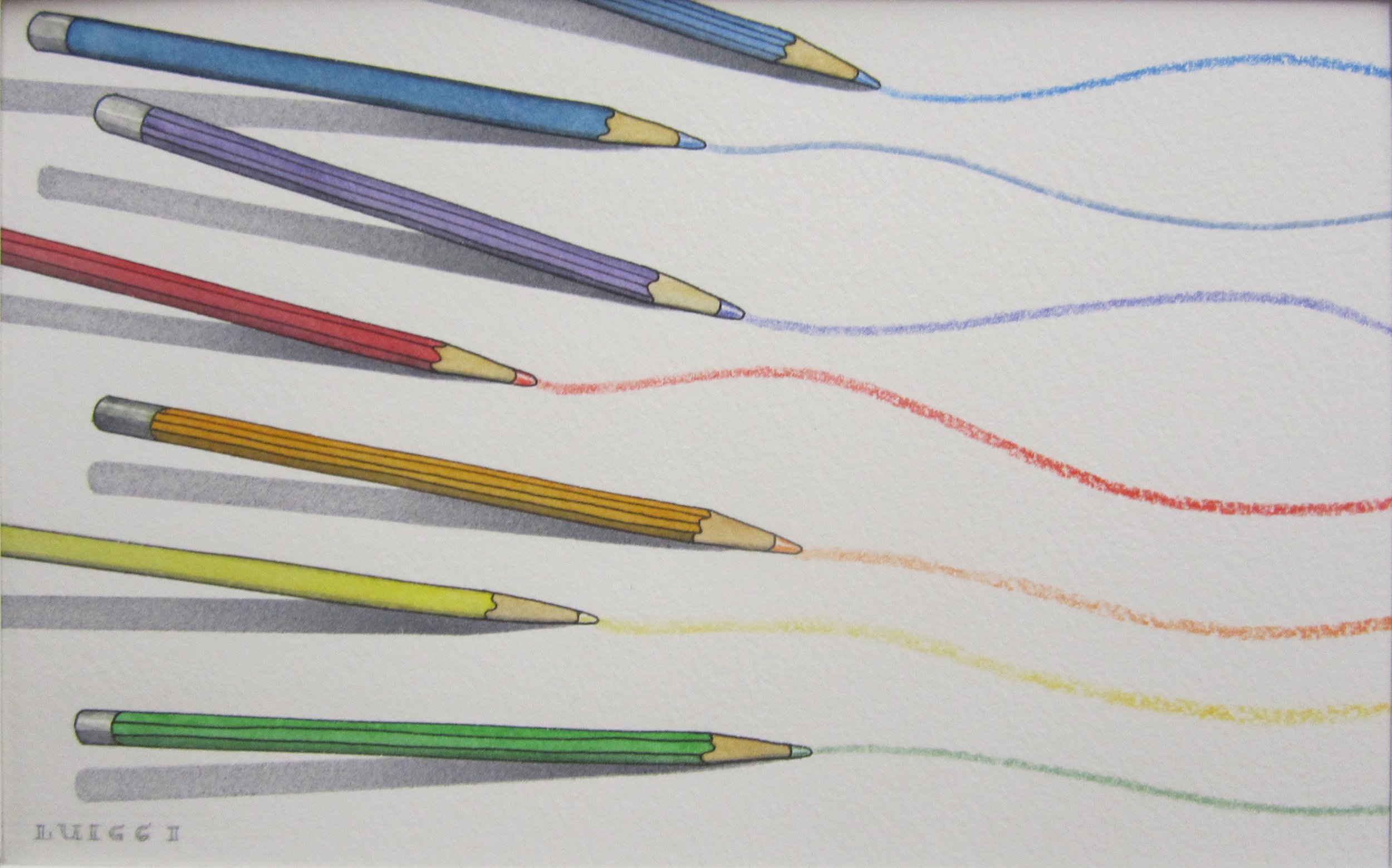 ROYGBIV , watercolor, pen, ink, and colored pencil on paper, 10" x 13" framed, $250