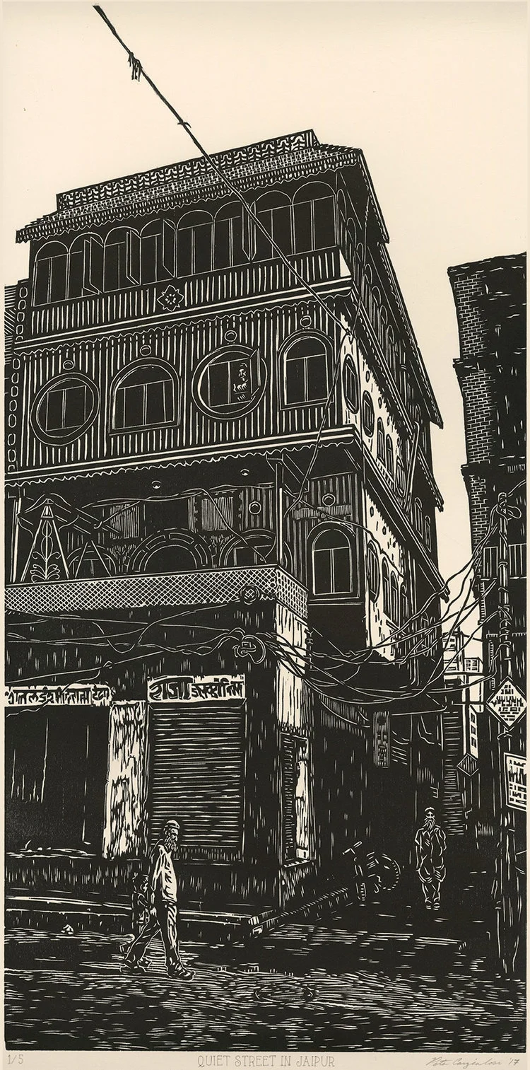 Quiet Street in Jaipur , woodcut print on paper, 24" x 12"