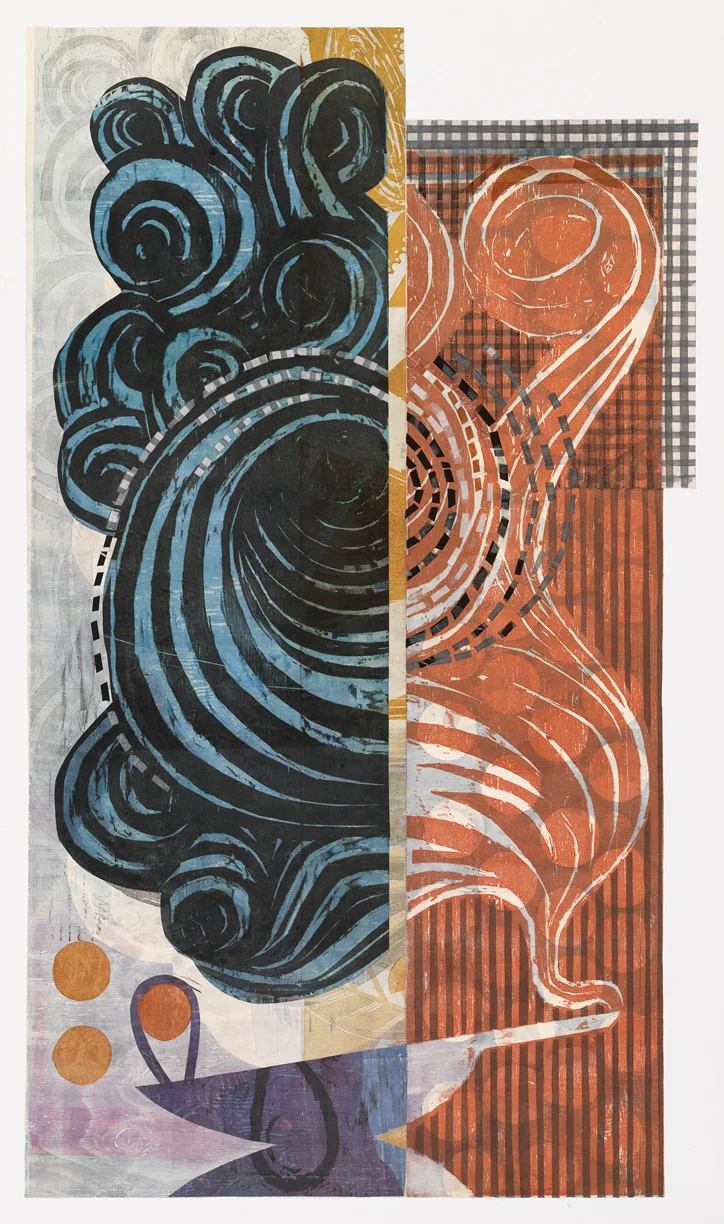 Yellow Stripe Aladdin , collaged woodcut and linocut print, 49" x 32" framed