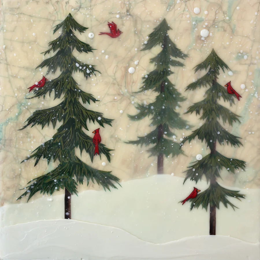 Midwinter Maine , encaustic, gouache, paper, over map of Maine, mounted on birch panel, reclaimed beach fence frame, 10 ½" x 10 ½", sold