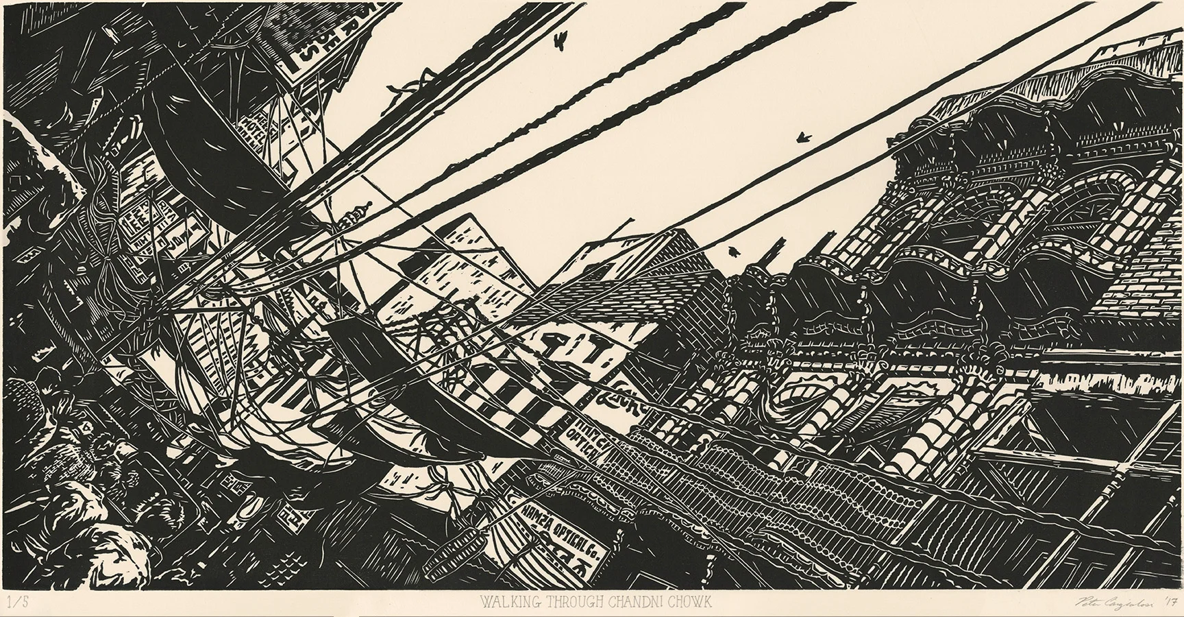 Walking Through Chandni Chowk V1 (2/3), woodcut print on paper, 20" x 32" framed, $850