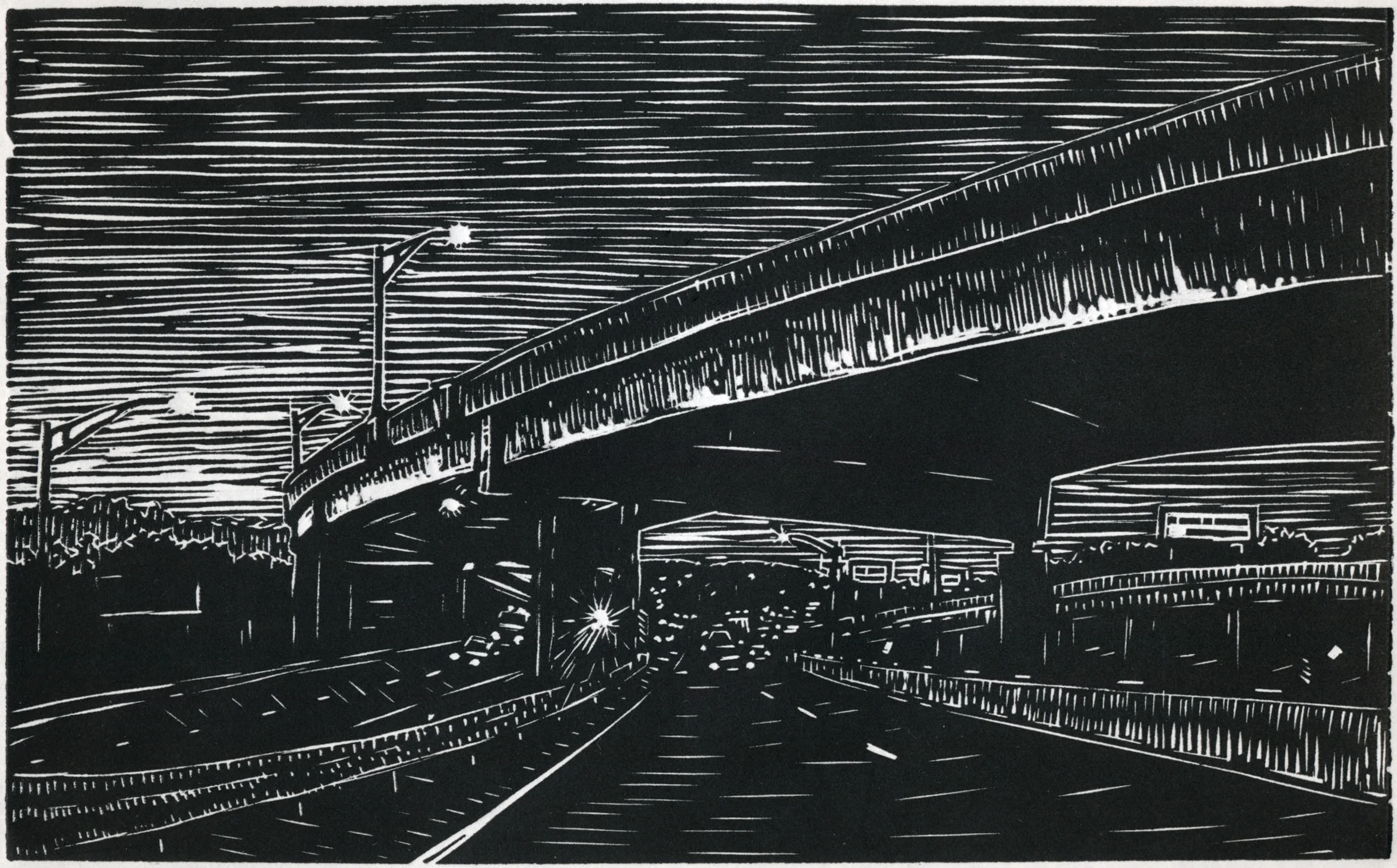 Springfield, MA I-91N , linocut, 5" x 8", $185
