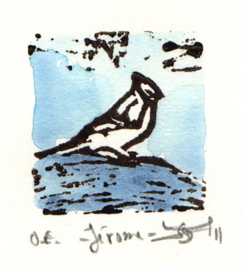   Dominique Lecomte ,  Jérôme,&nbsp; linocut, watercolor, 6¼" x 6¼" framed, $80 