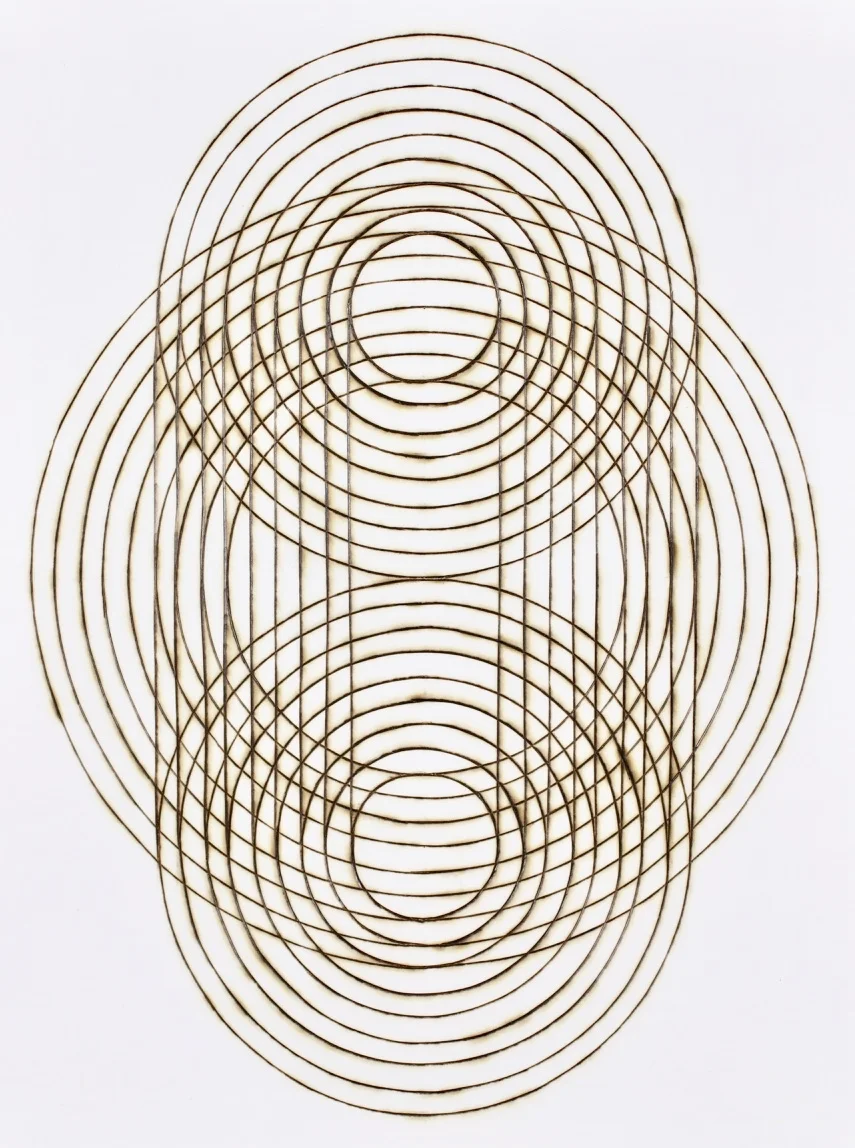 Exponential Expand , burnt lines on paper, 15" x 12" framed, $400