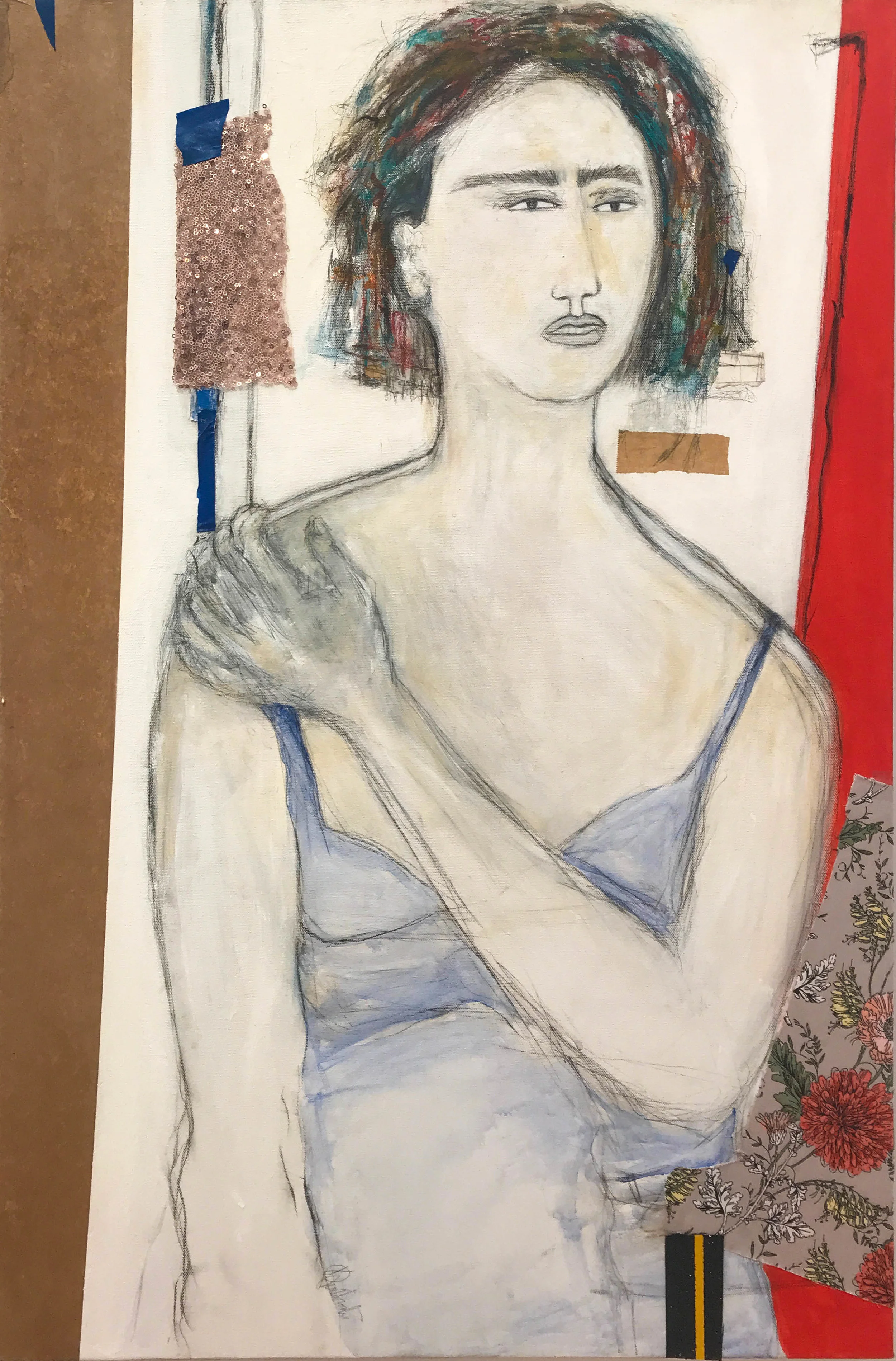 Karla Quattrocchi , At the Window , oil, acrylic, crayon, tar, pastel, rice paper, paper, tape, fabric, sequins on canvas