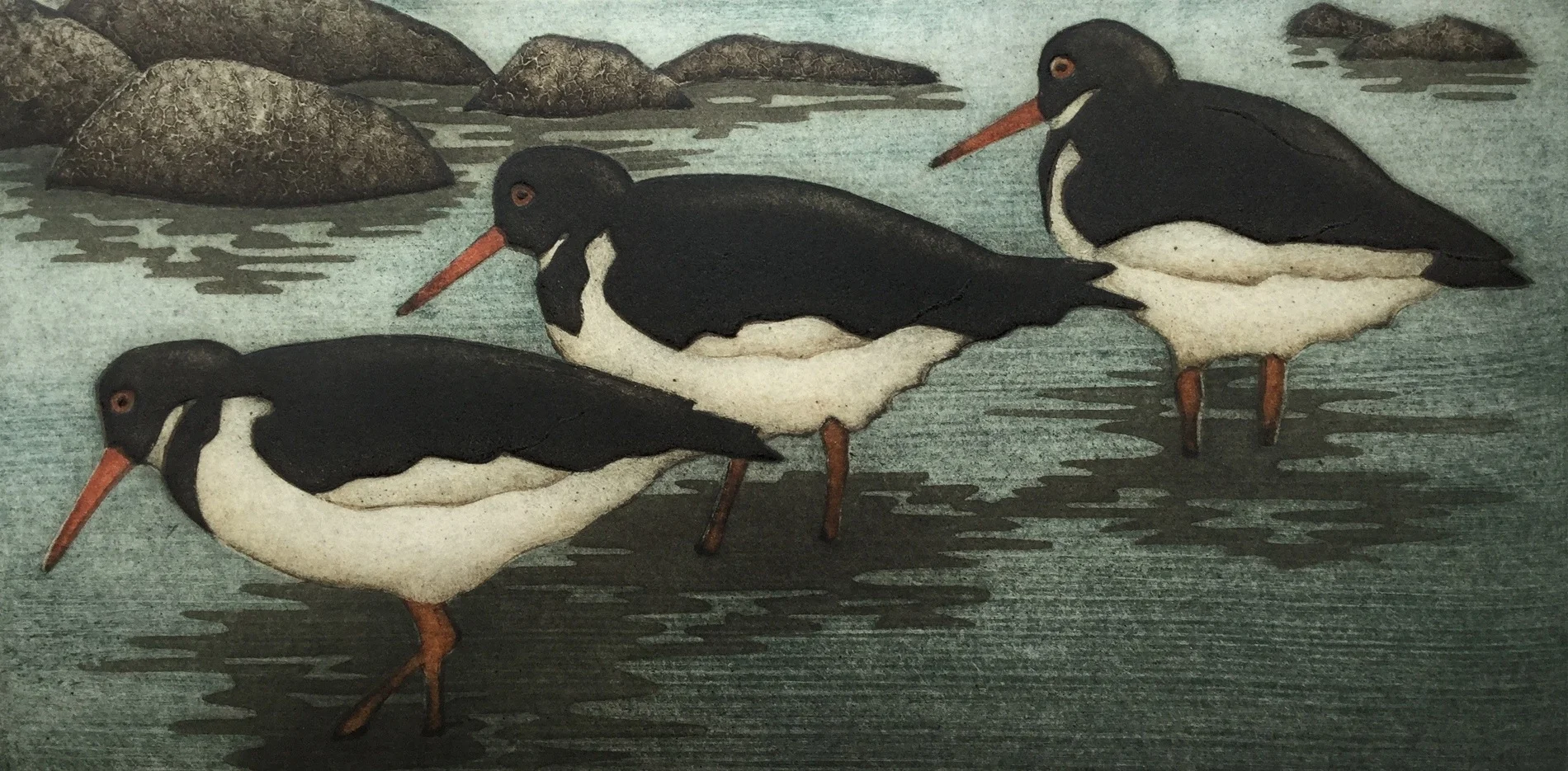 Oystercatchers (30/40), collagraph on paper, 15 1/4" x 20 1/4" framed, $350