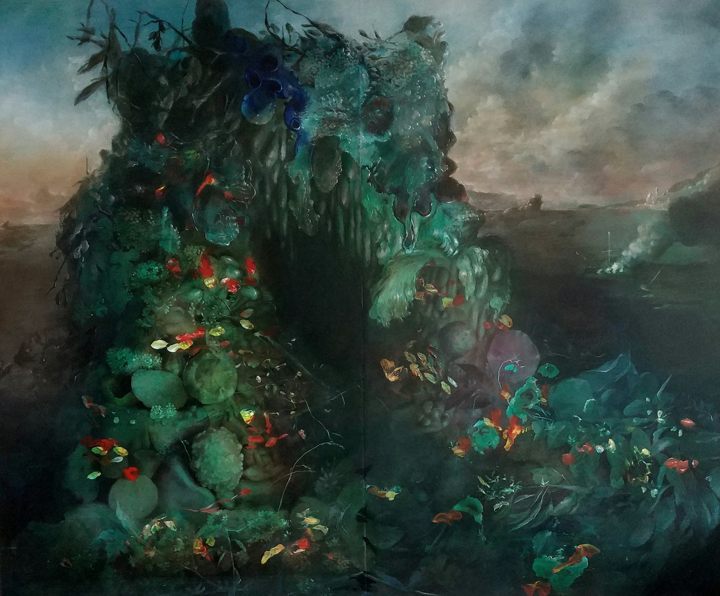 Still Life with Nasturtium and Brush Fire , acrylic on panel, 36” x 44”, $5,500