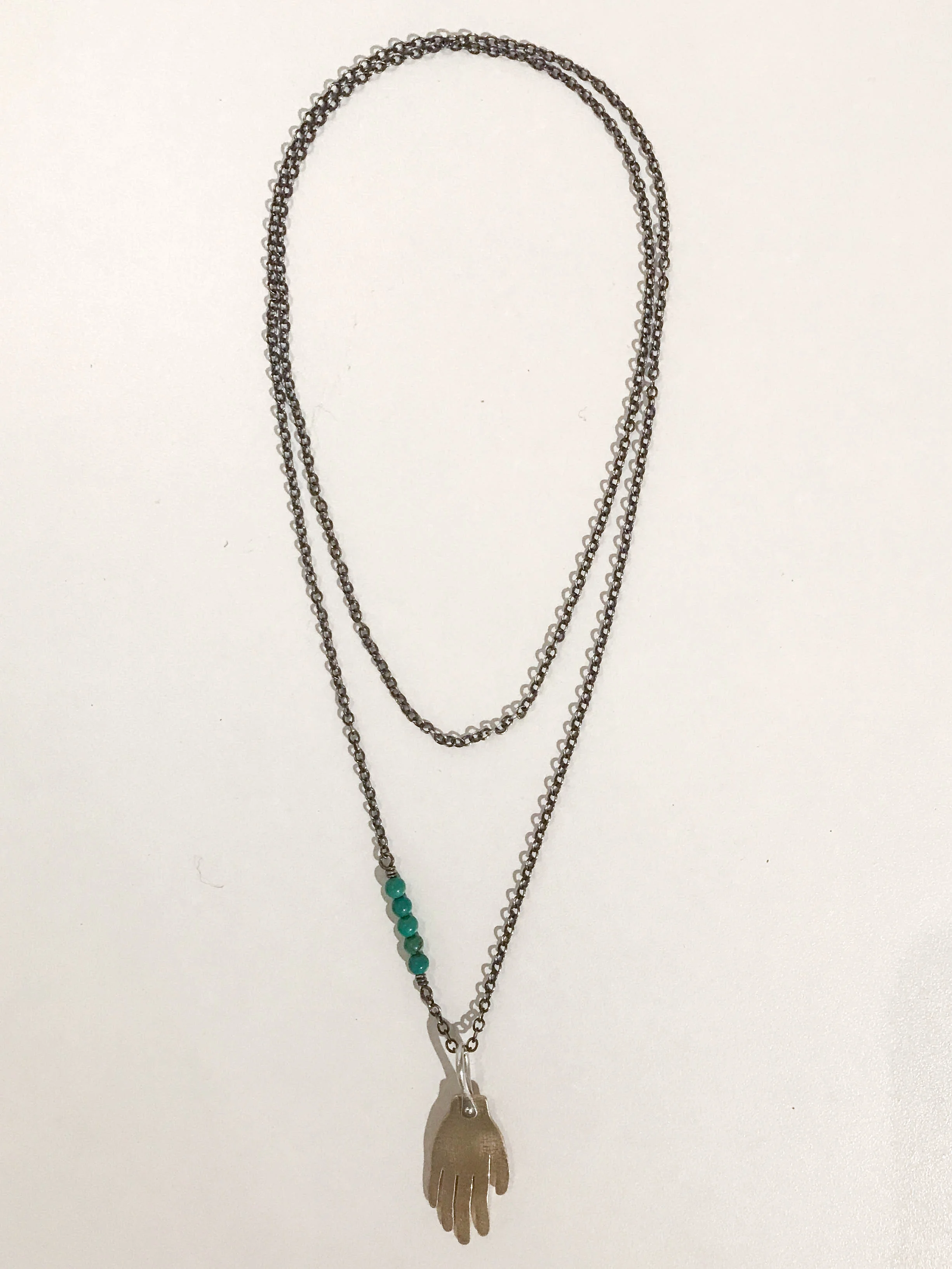 The Giver necklace, oxidized sterling silver, brass, turquoise beads, sold