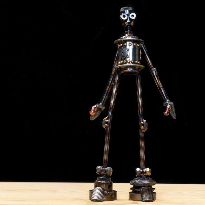 Ernest #c340 , Castillo-class astrobot, re-purposed bicycle parts, threaded rod, gear housing machine part, carriage bolt, nuts, washers, rivets, copper, bronze, 15" x 7" x 3", $450