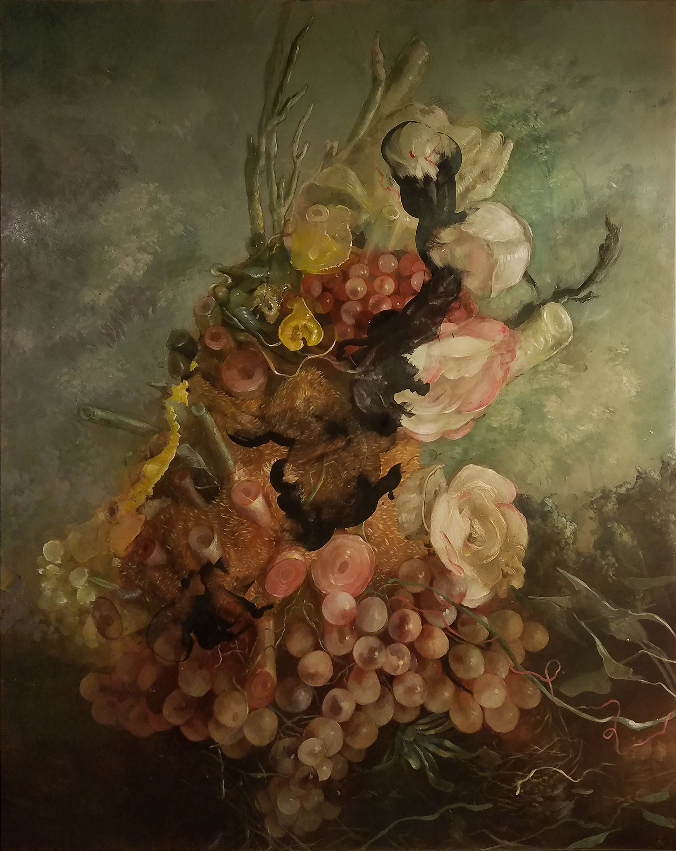 Still Life with Grapes and Black Mold , acrylic on panel, 20” x 16”, $1,600