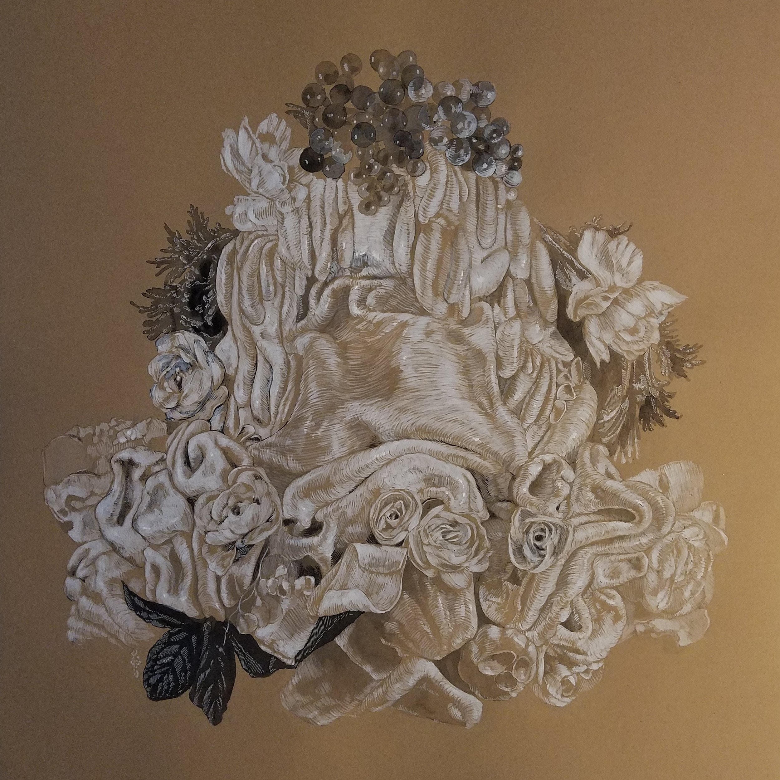 Still Life with Folds and Roses , ink on paper, 23” x 22” framed, $1,000