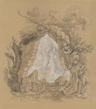 Cartouche with Rock Formation , ink on paper, 17 1/2” x 16 1/2” framed, $750