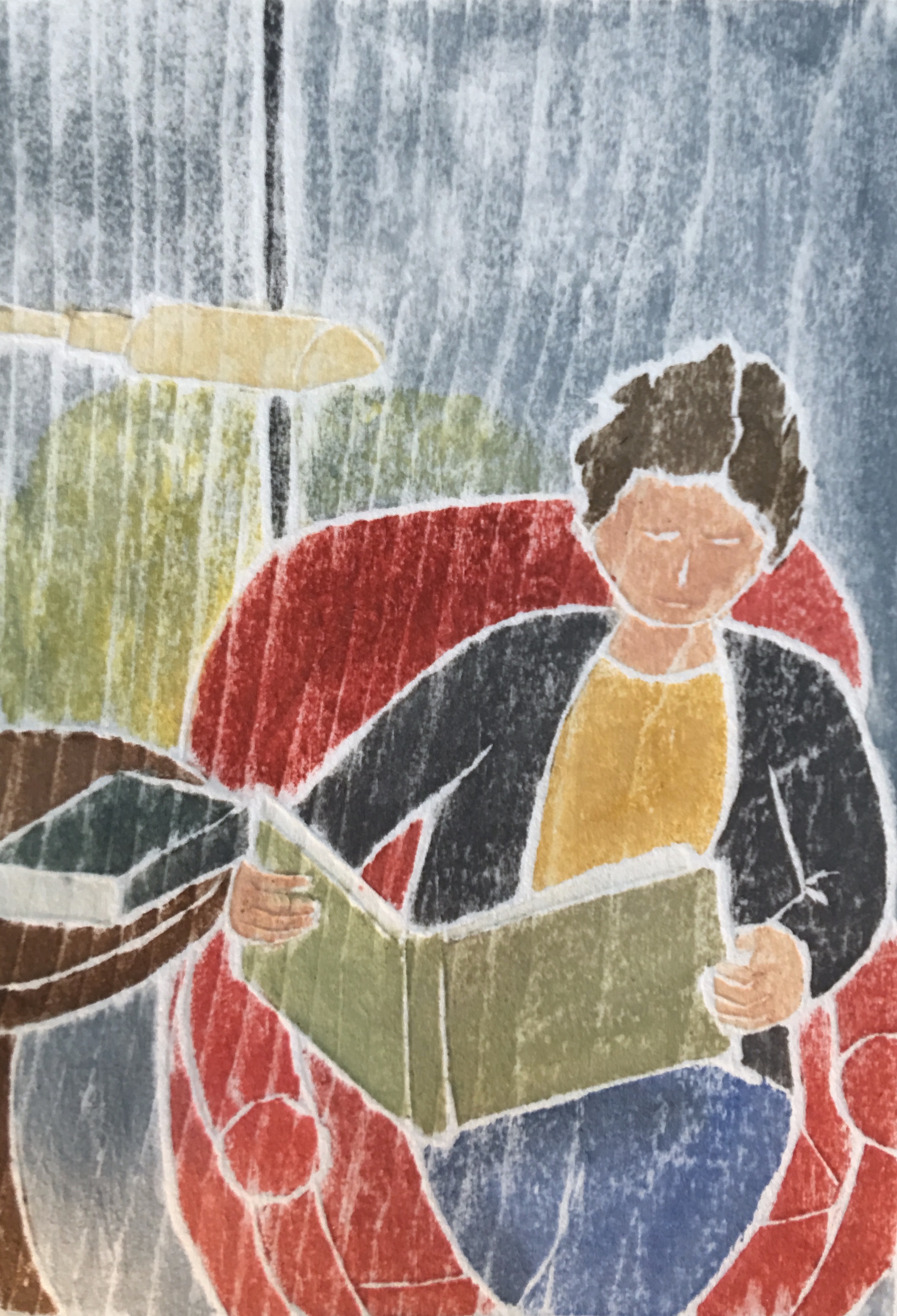 A Quiet Moment , white line woodcut monoprint, 10” x 8”, $95