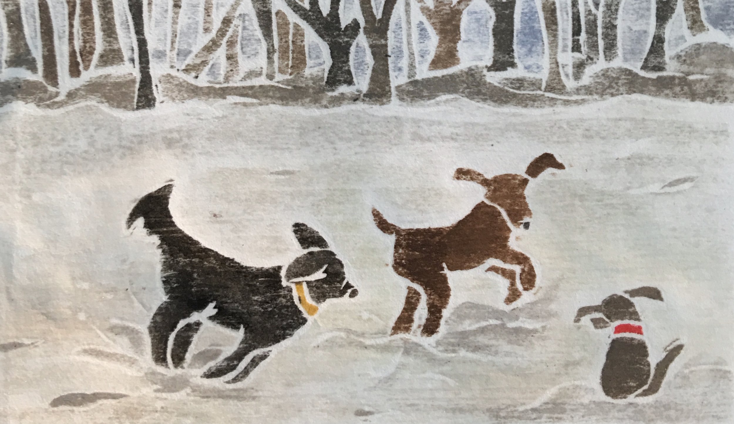 Playdate , white line woodcut monoprint, 8” x 10”, $95