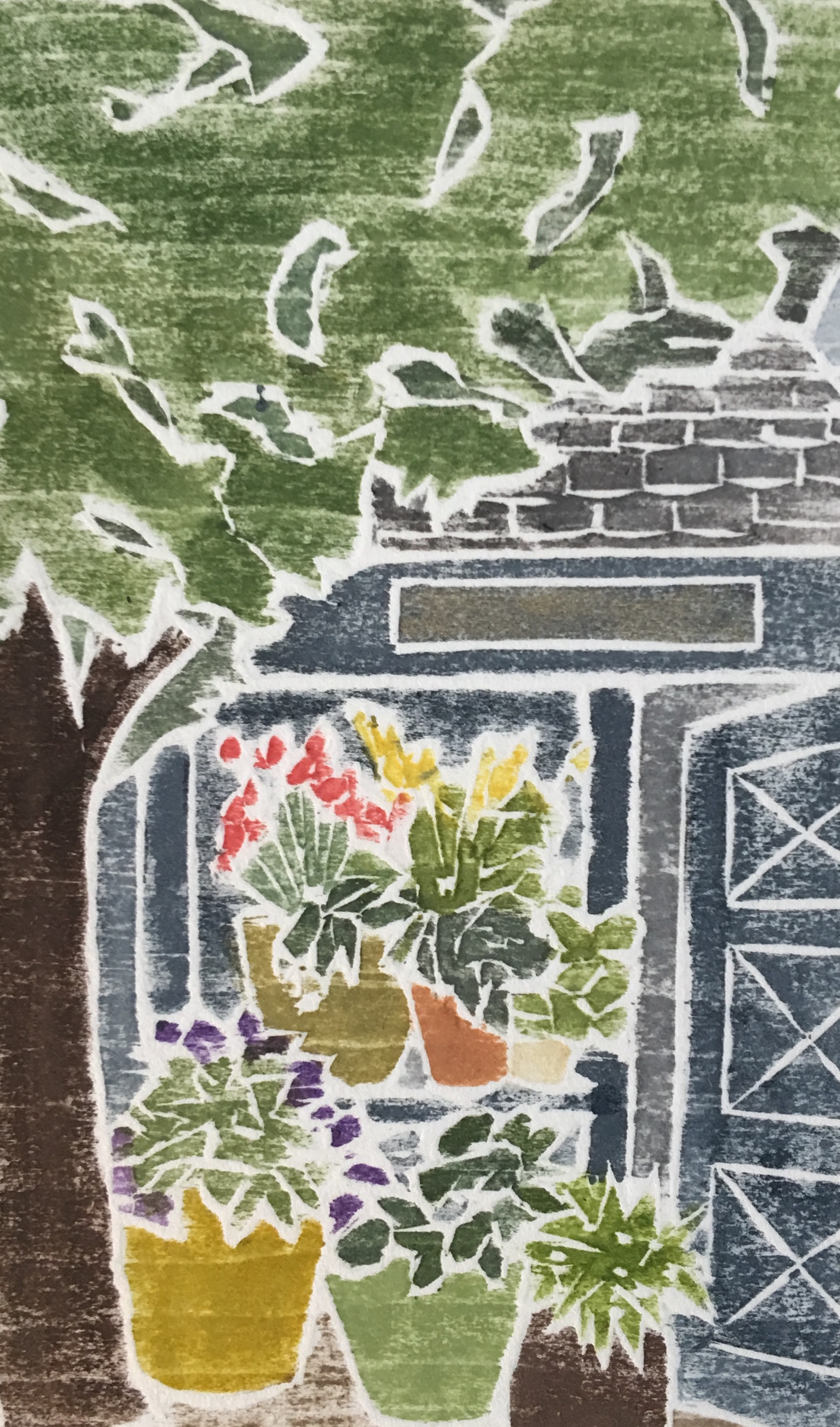 Open for Business , white line woodcut monoprint, 10” x 8”, $95