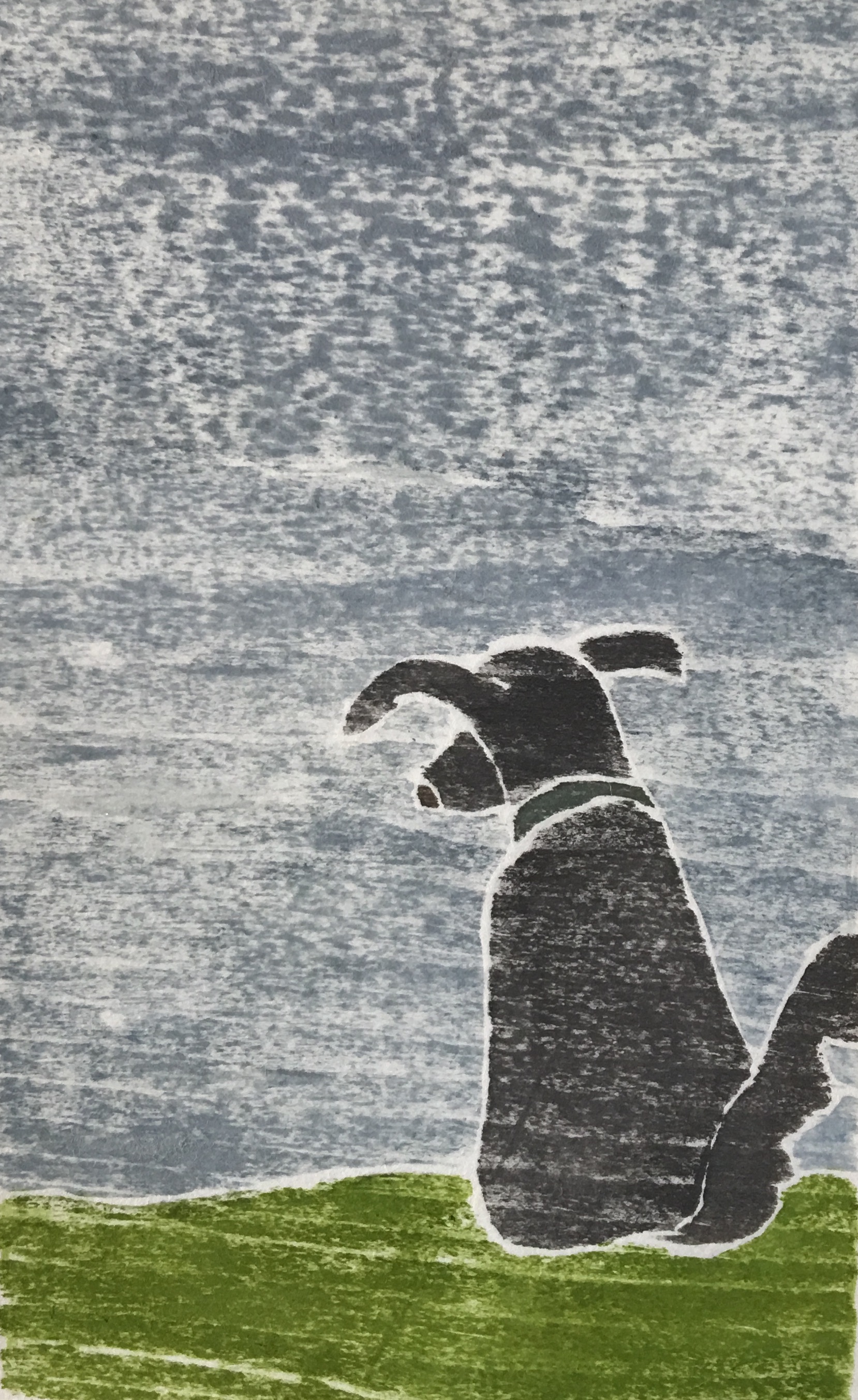 Waiting , white line woodcut monoprint, 10” x 8”, $95