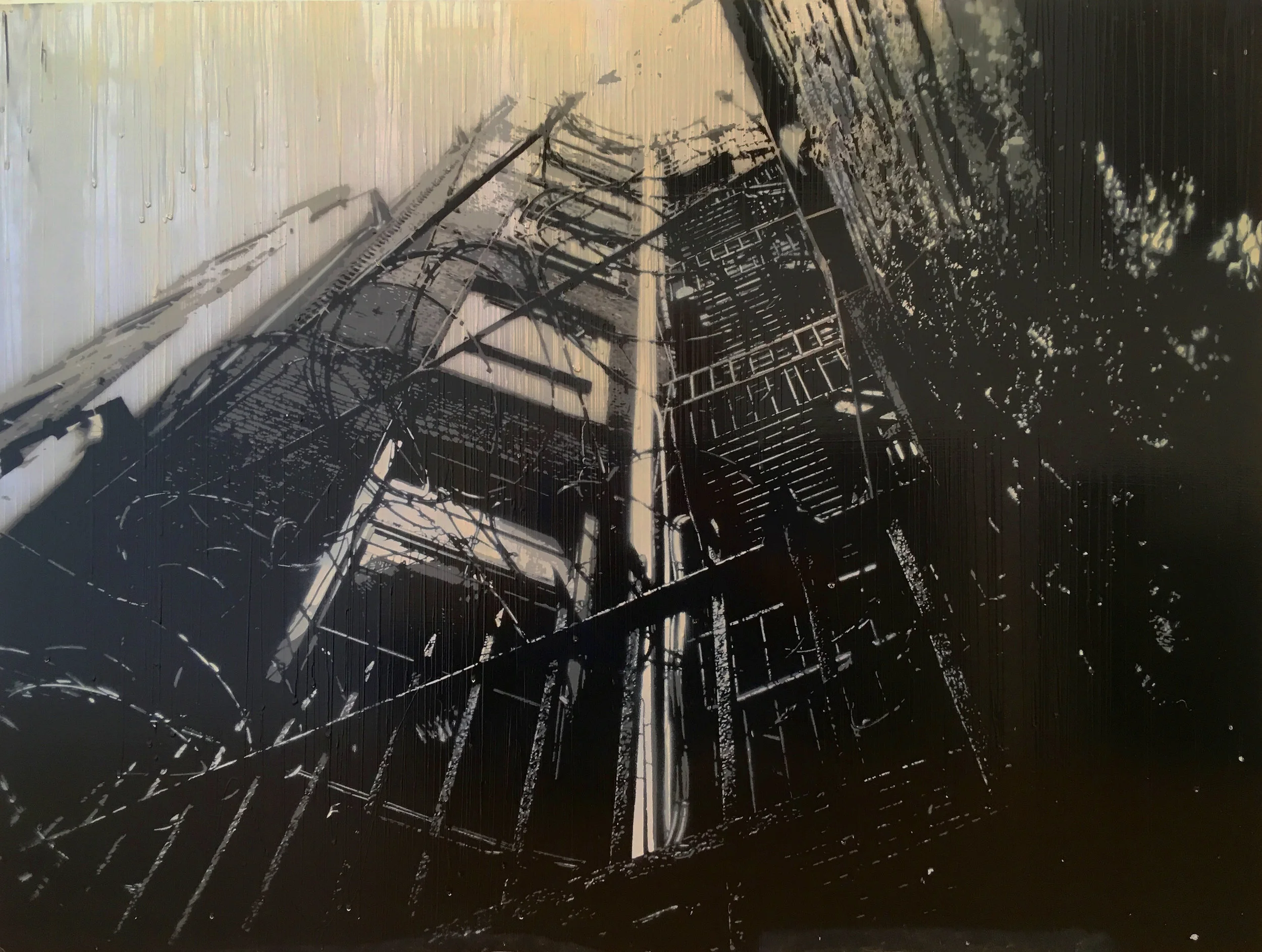Barbed Wire #1 (14/15) , hand-cut, multi-layered stencils with spray paint and enamel on panel, 24" x 32"