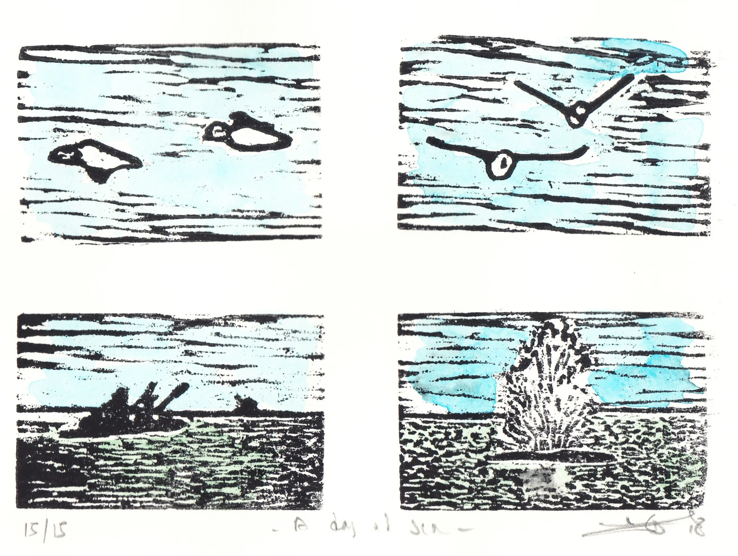 A Day at Sea (8/15), woodcut and watercolor, 8” x 10” sheet size, $100