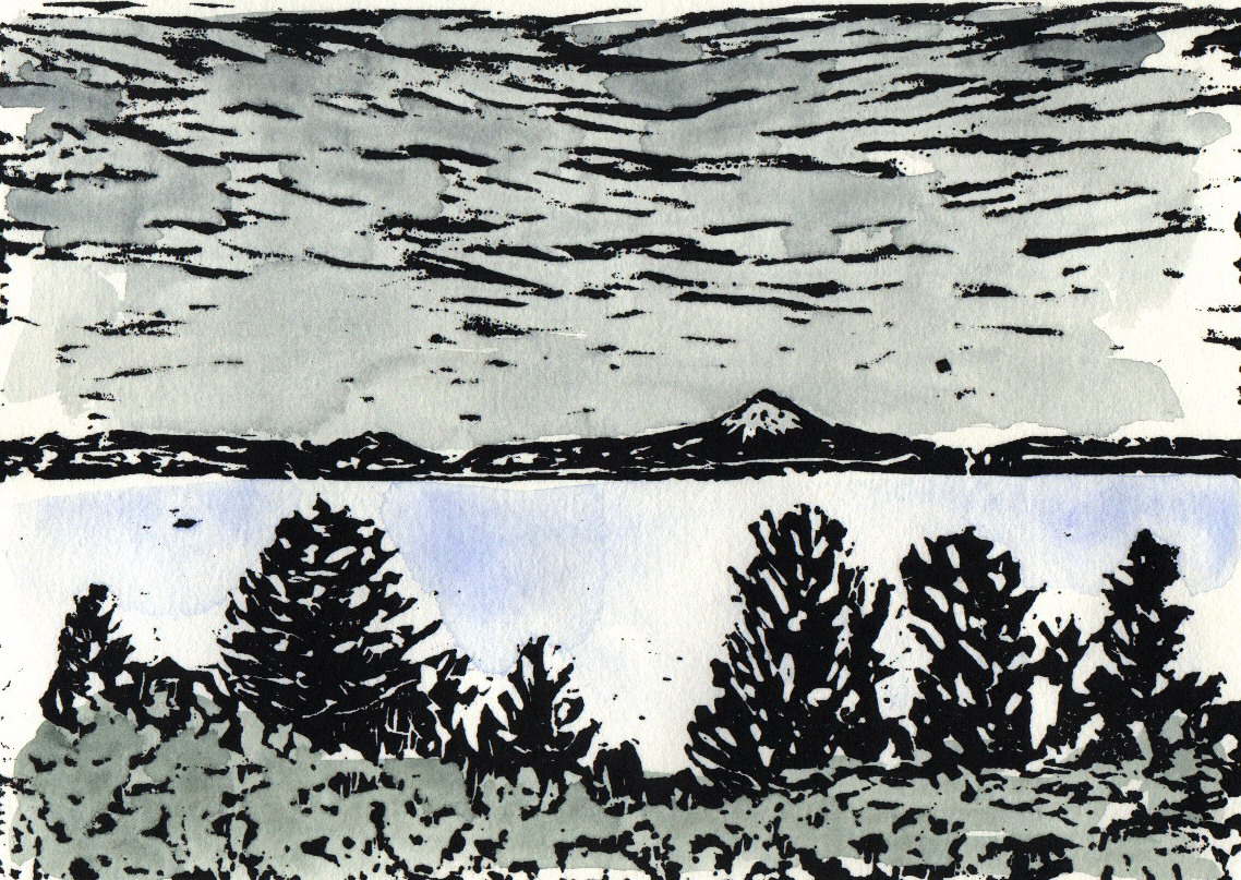Far Away Lake (EE 1/2), linocut and watercolor, 8 1/2” x 10 1/2” sheet size, $90