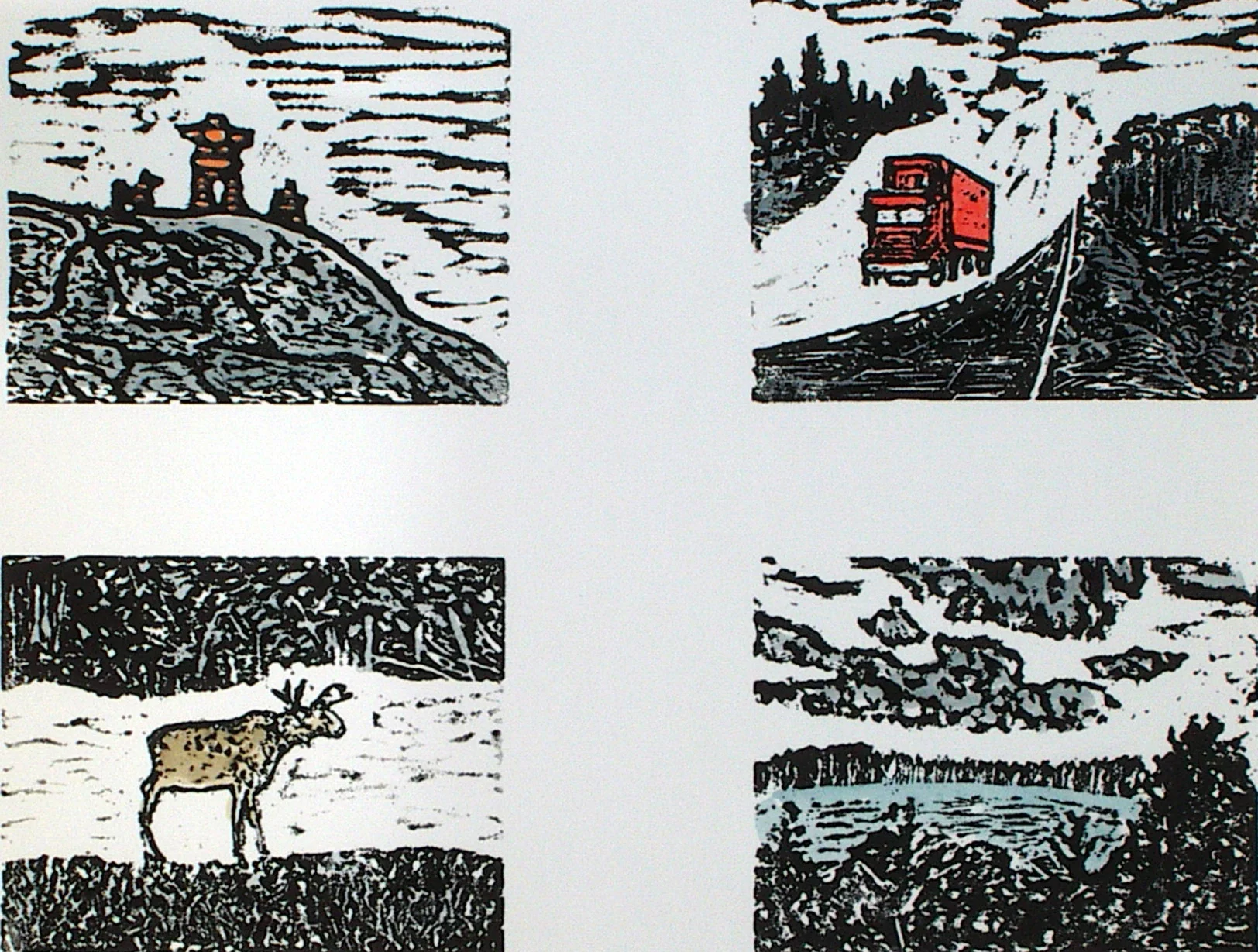 Grand Nord (EE), linocut and watercolor, 11 1/4” x 15” sheet size, $150