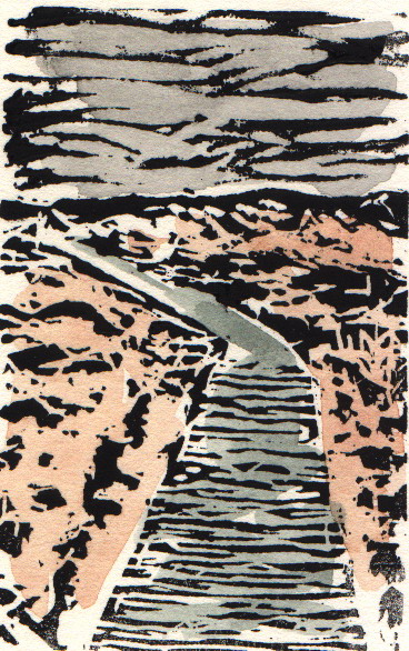 Impatience (EA), linocut and watercolor, 7 1/4” x 6” sheet size, $50