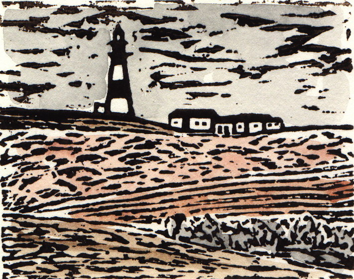 Le Phare (2nd ed. OE), linocut and watercolor, 6 1/2" x 7 3/4" sheet size, $75