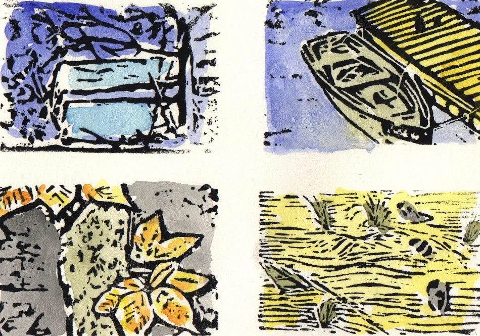 Les 4 Saisons (2nd ed. EE), linocut and watercolor, 8" x 10" sheet size, $100