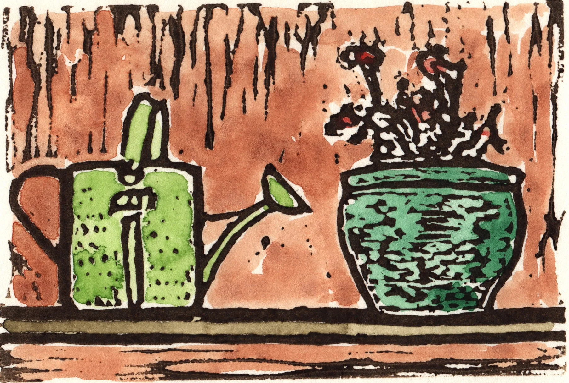Ready to Water (2nd ed. EE), linocut and watercolor, 7 1/4” x 10” sheet size, $90