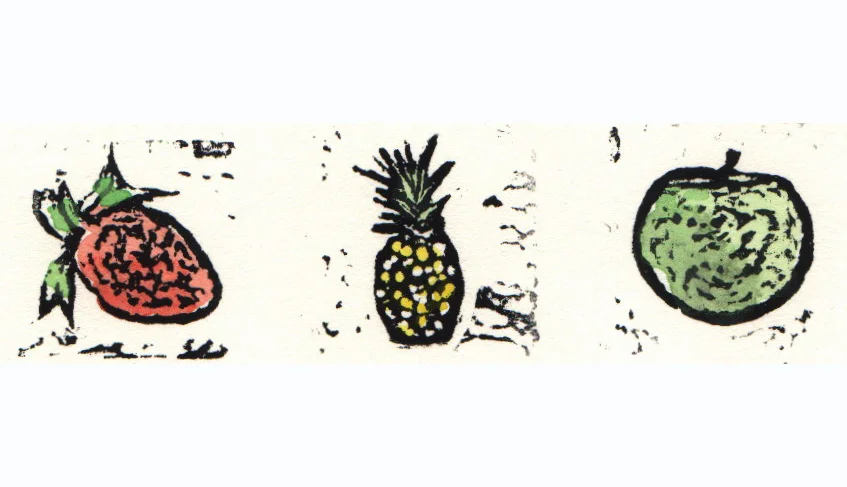 Plaisir des sens , linocut and watercolor, 5 1/4” x 10 1/4” framed, $120