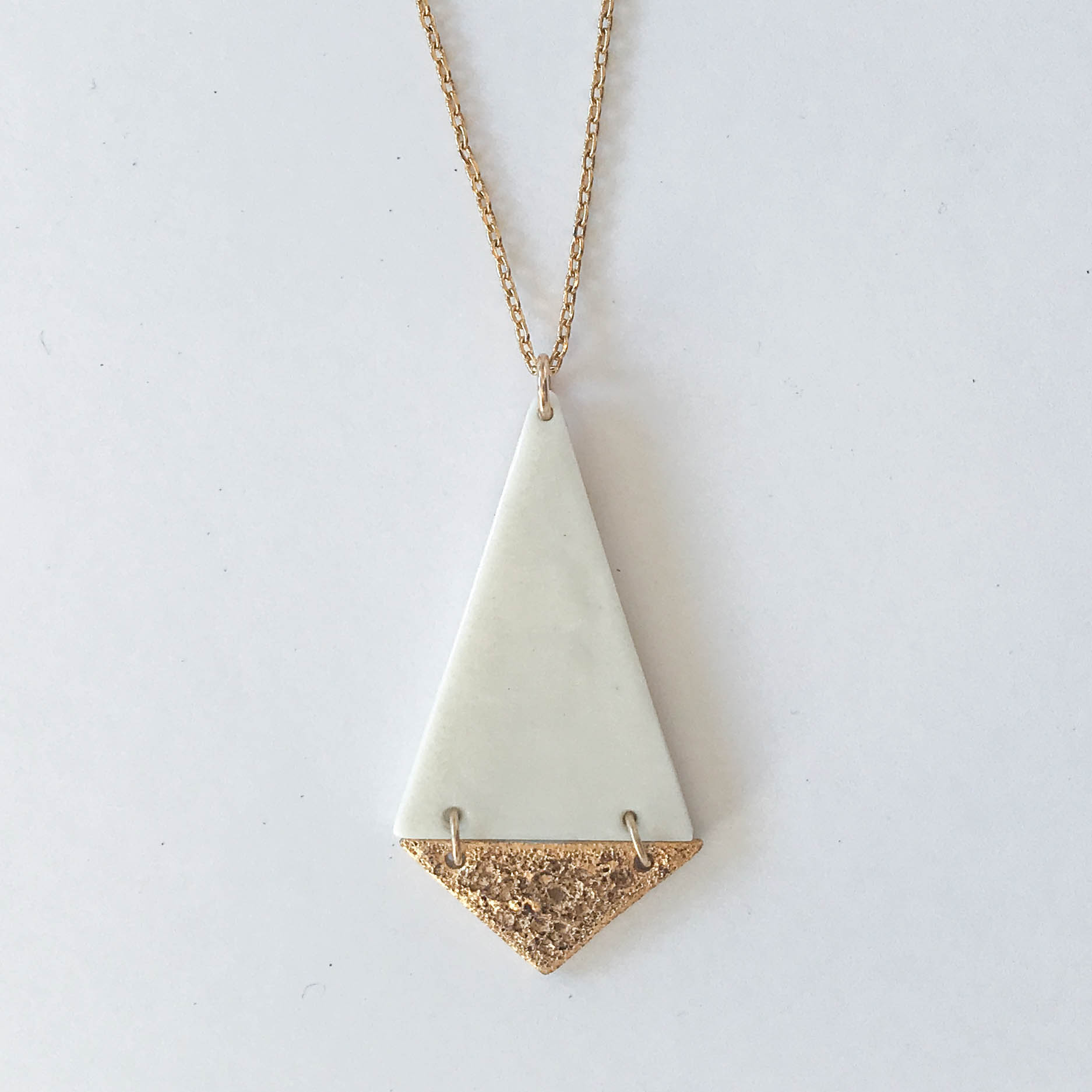 Two-tiered hinged necklace, white porcelain over gold froth, 14K gold filled chain, $110