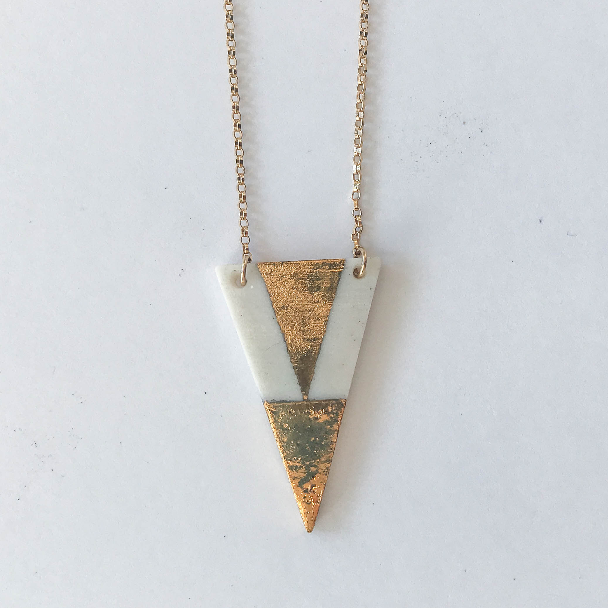 White narrow triangle necklace, porcelain with gold luster, 14K gold filled chain, $60