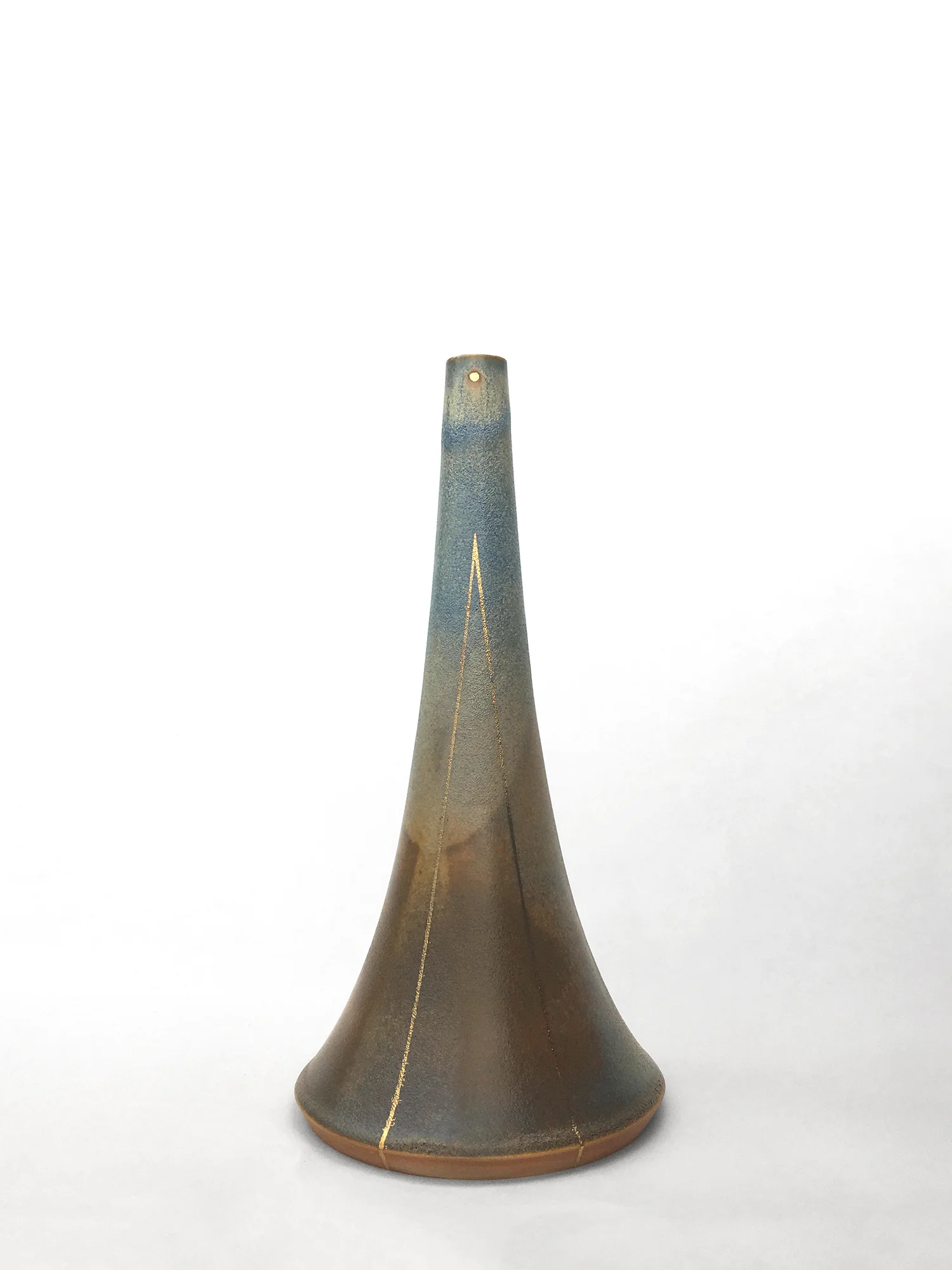Large volcano vase, hand-thrown porcelain with titanium shino glaze and gold luster geometric design, 11” x 5 1/4”, 325