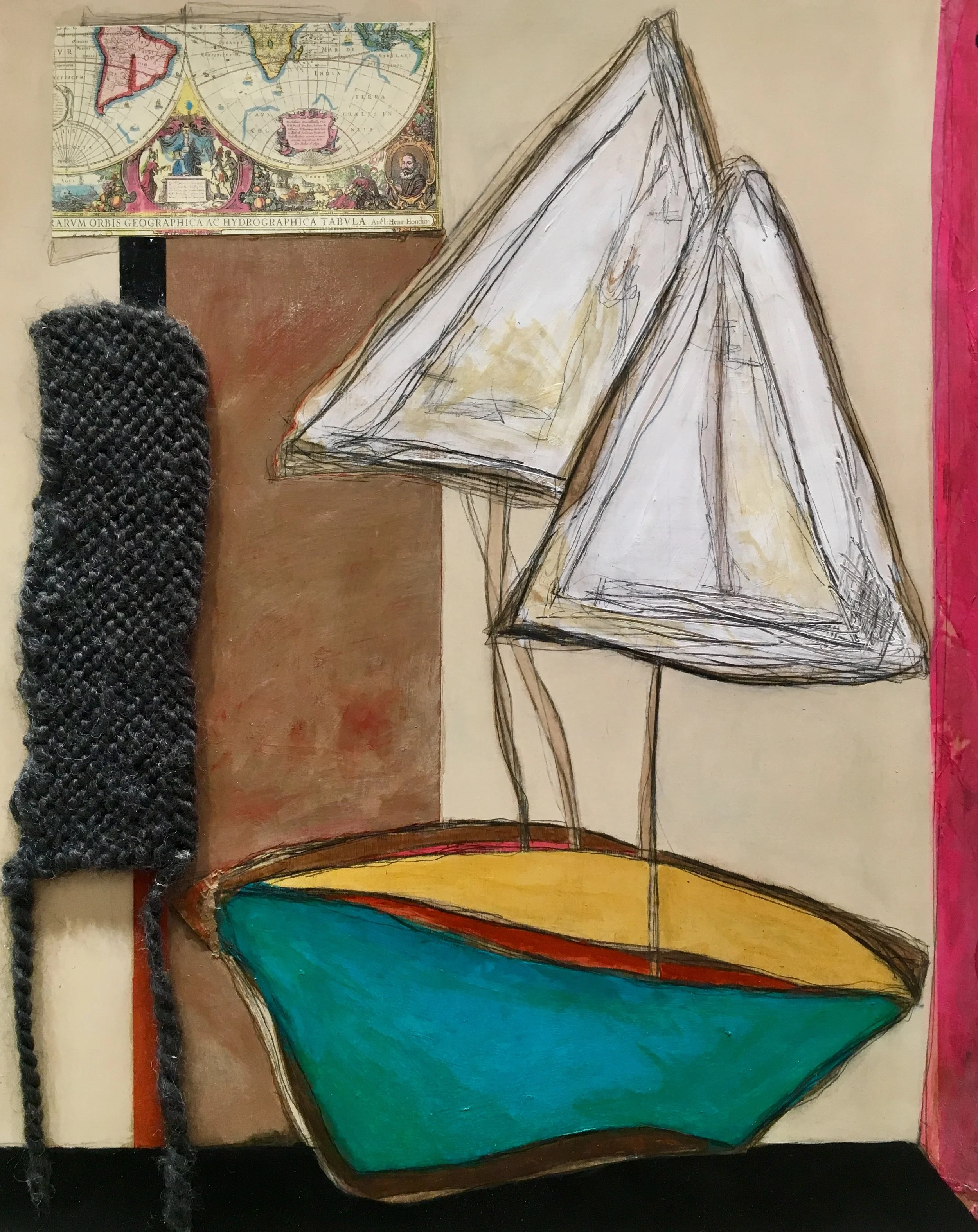 Casting Nets , acrylic, oil, pencil, pastel, plastic, wallpaper, rice paper, cardboard, tape, tar, shellac, yarn on panel, 20" x 16"