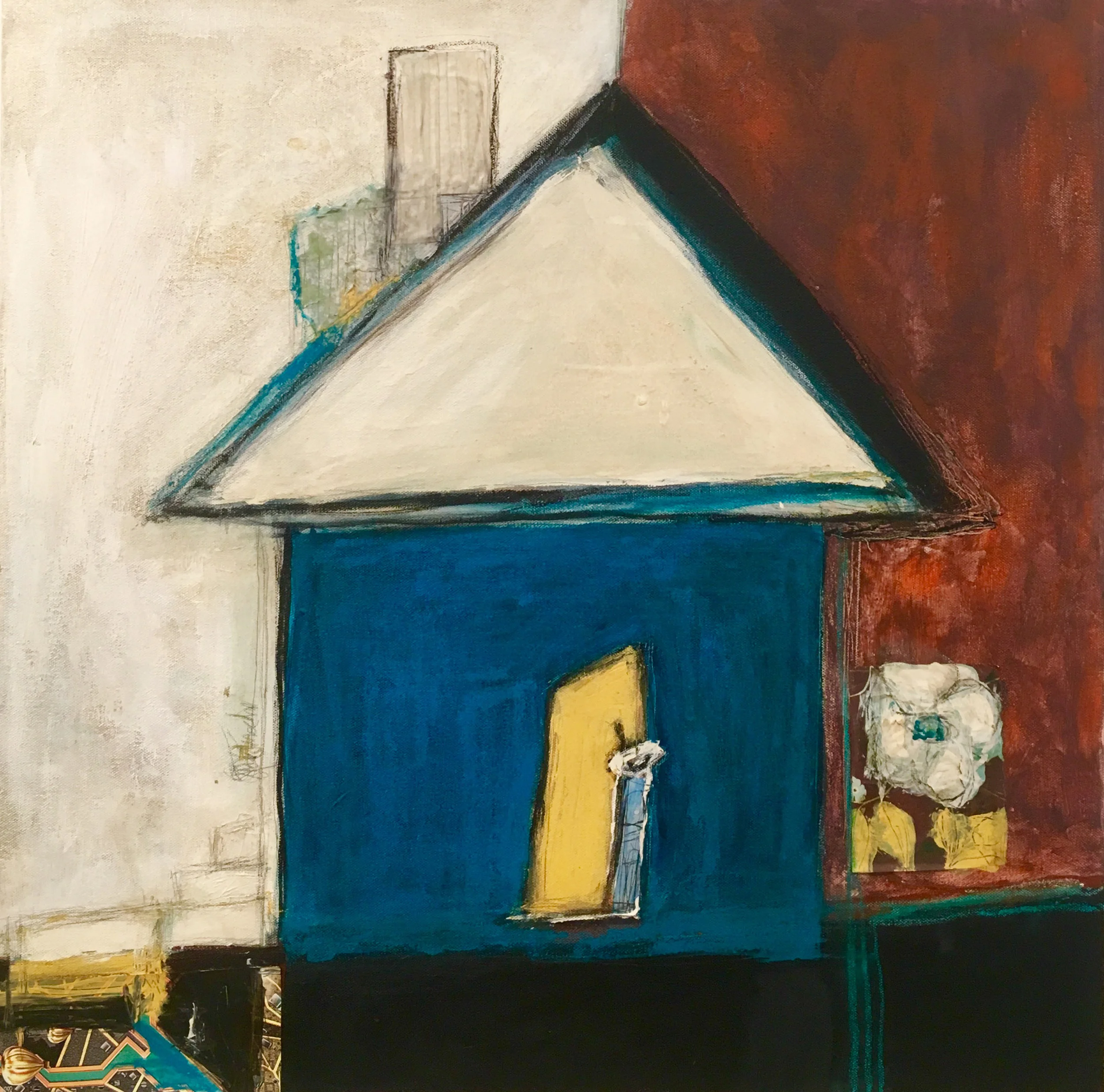 Turquoise Playhouse , acrylic, oil, pencil, tar, pastel, linen tape, wallpaper, found paper, shellac on canvas, 24” x 24”, sold