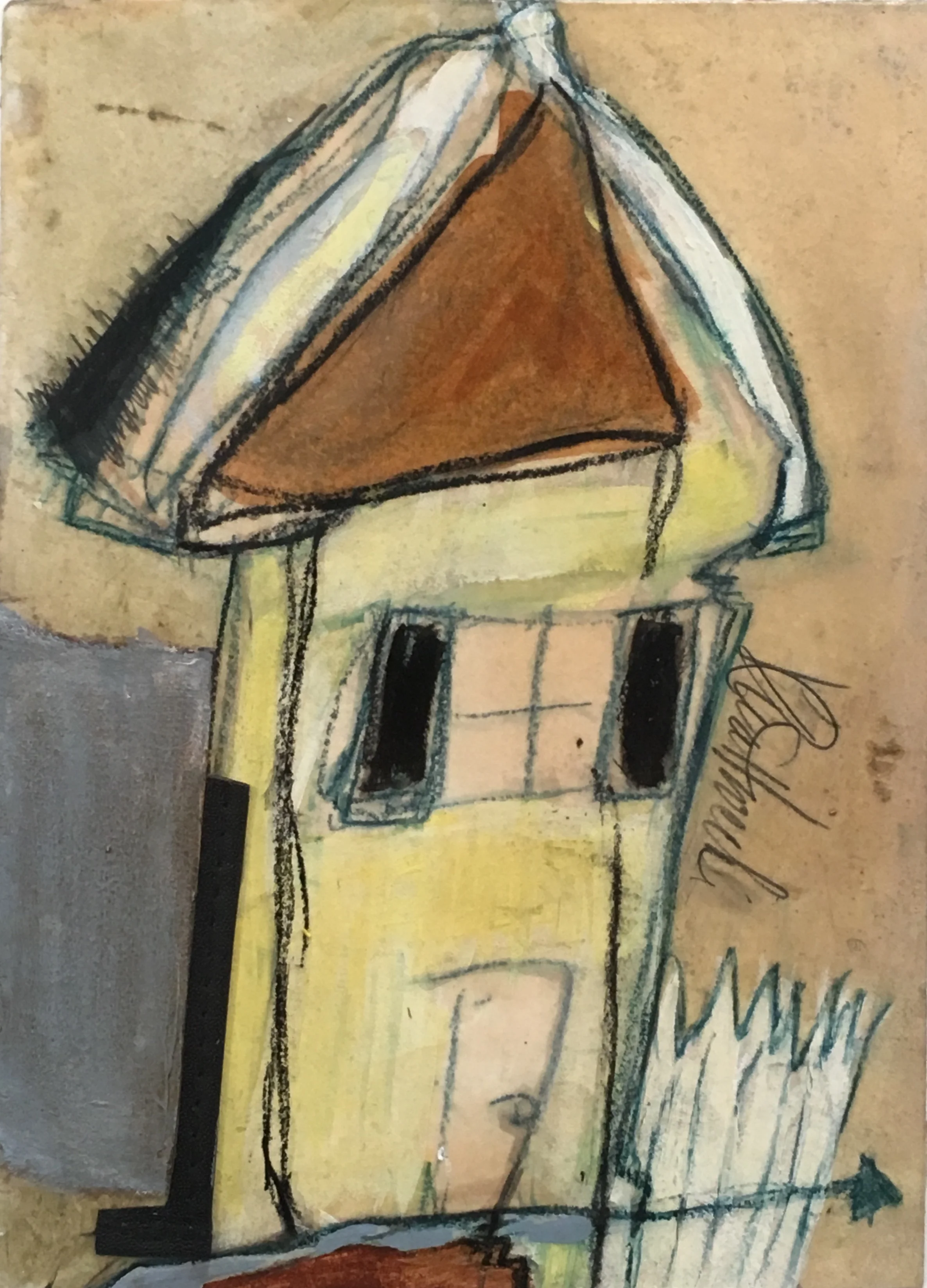 The Swimming Pool , acrylic, pencil, tar, pastel, plastic, masking tape, shellac on paper, 15 1/2” x 15 1/2” framed, $375