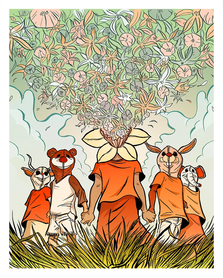 Blossom , pen and ink with digital colorization on archival paper with remarque, 18” x 14” framed, $250