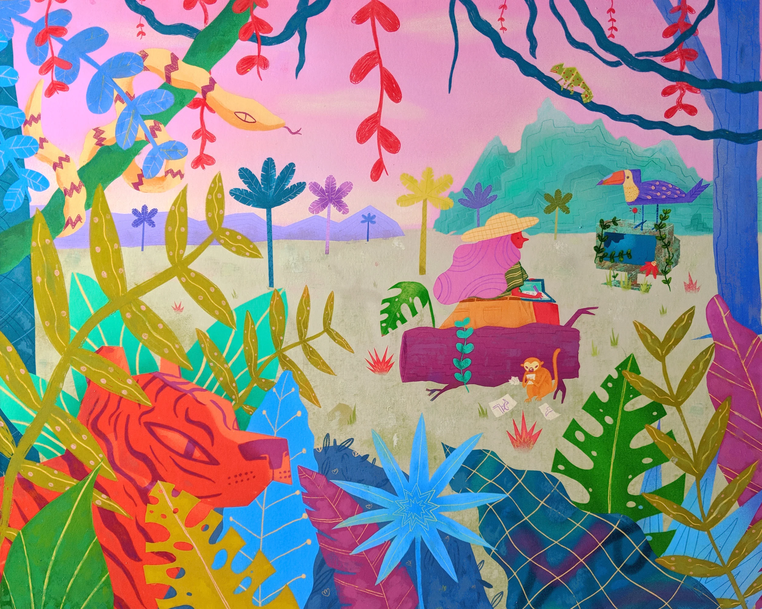 Jungle Junk , acrylic and colored pencil on archival inkjet print, mounted on wood, 16” x 20”, $750