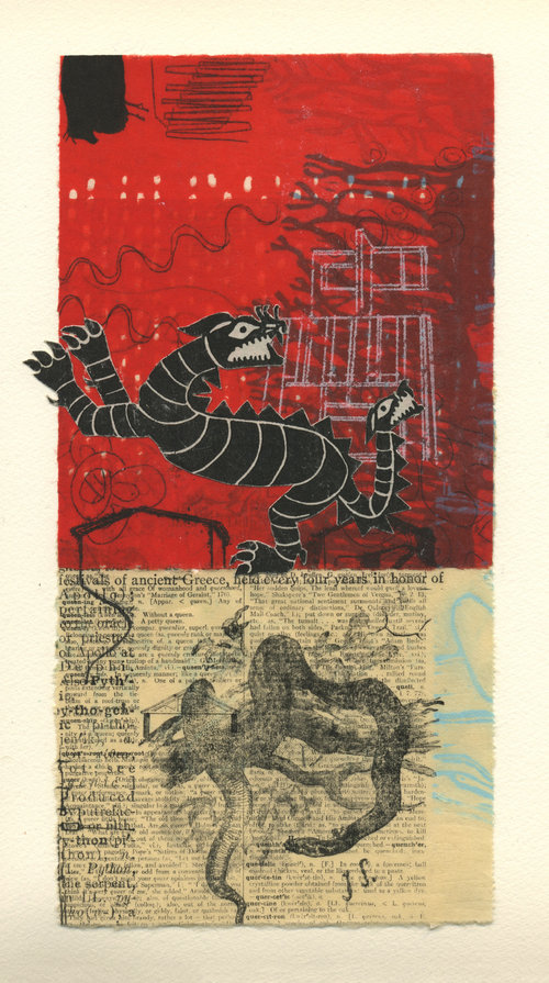 Red Dragon, monotype collage, chine-collé on paper, 18" x 16" framed, $625