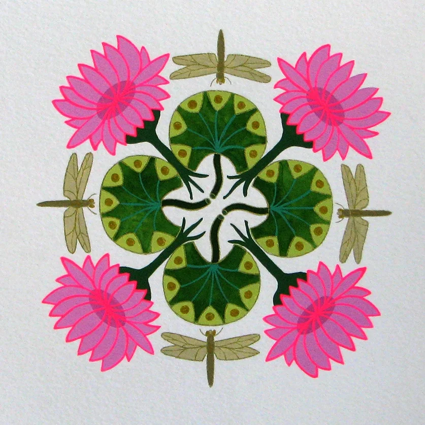 Pond Mandala #1: Lotus Blooms and Dragonflies , gouache and ink on paper, 12” x 12”, $750