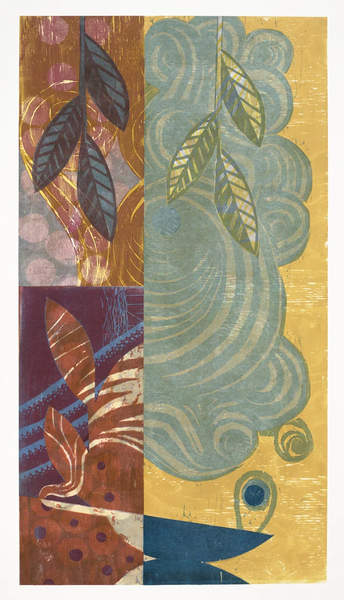 Red and Purple Aladdin , collaged woodcut print, 49" x 32", $2,600