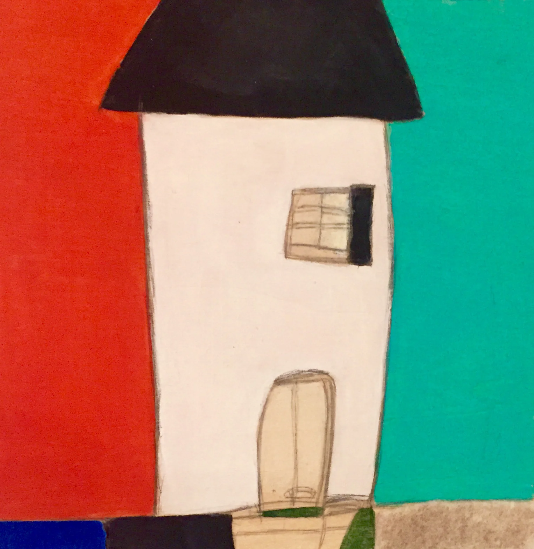 Beach House II , oil, acrylic, pencil, pastel, crayon, felt, tar, shellac on wood, 6" x 6", sold