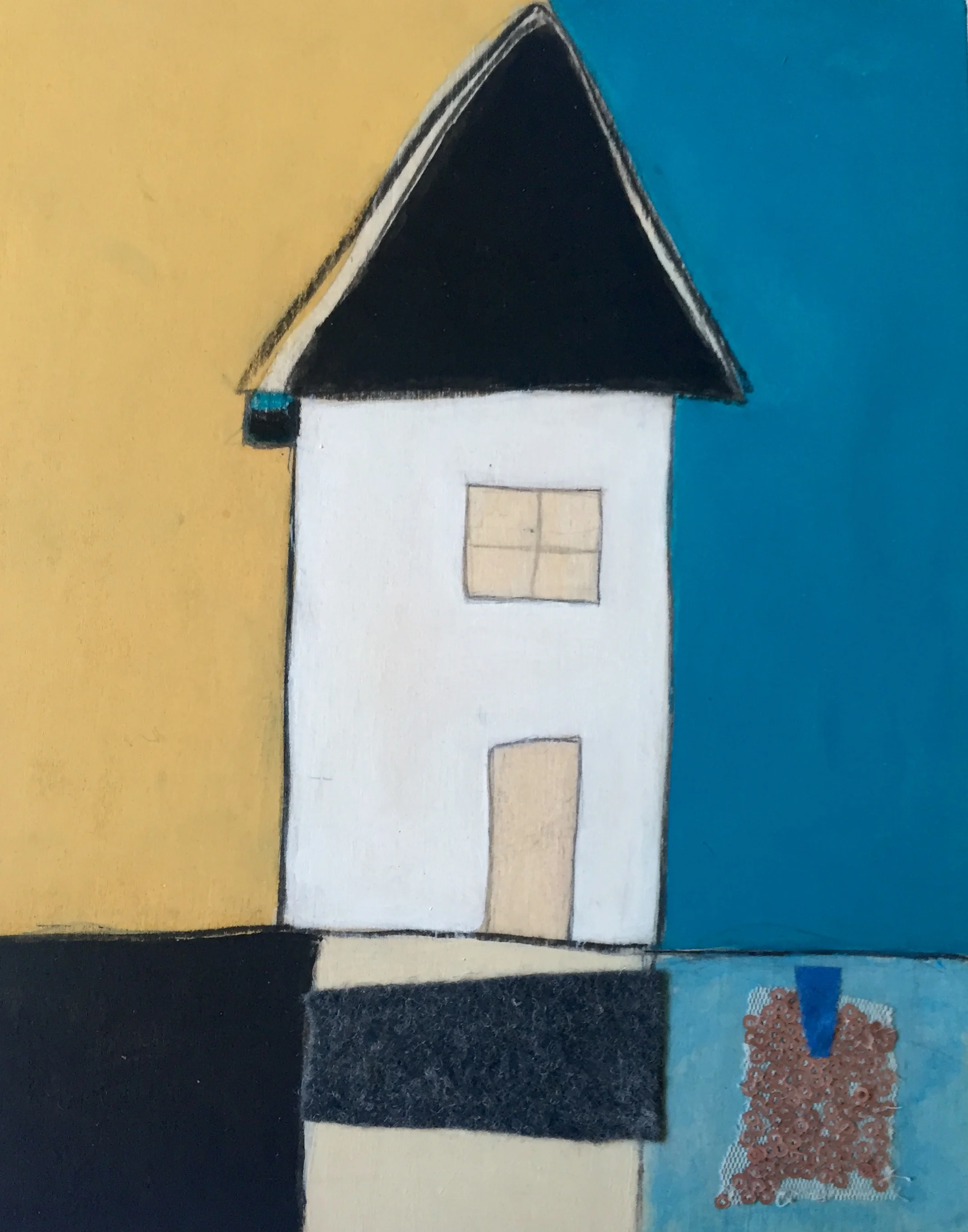 Dunes , oil, acrylic, pencil, pastel, crayon, felt, sequins, painter’s tape, tar, shellac on wood, 10" x 8", sold