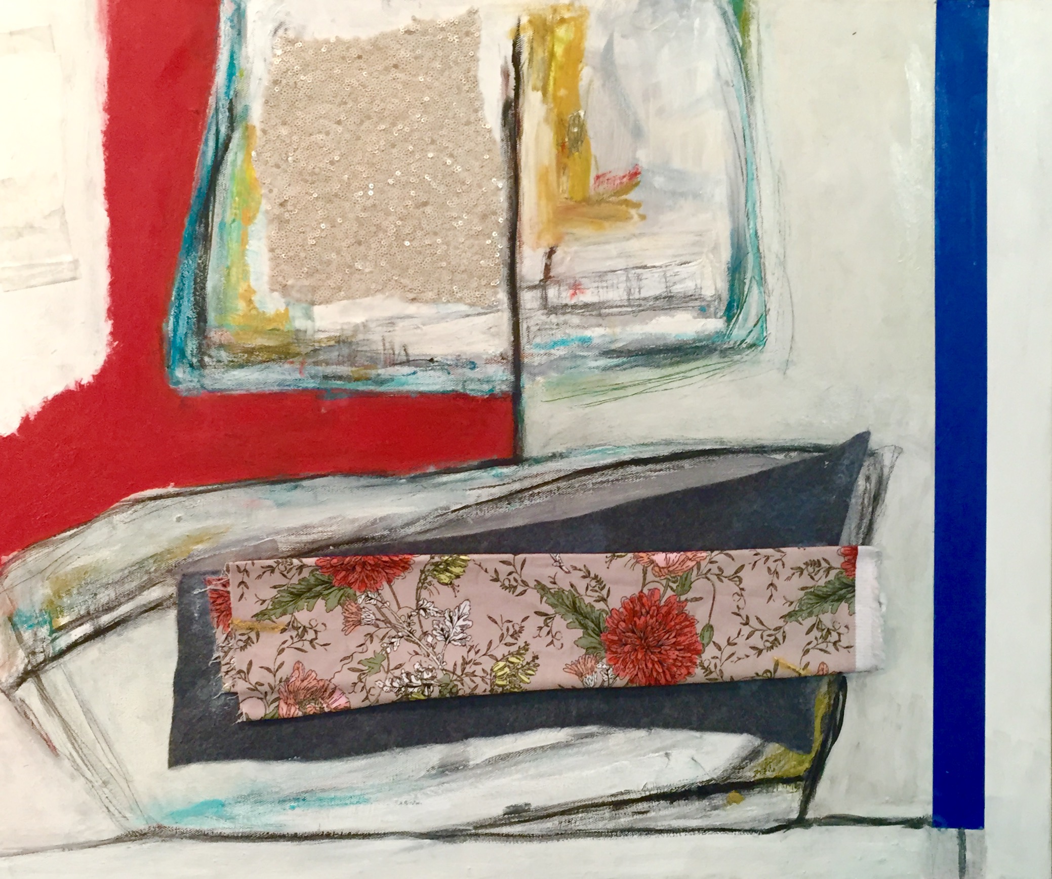 The Commodore , oil, acrylic, pencil, pastel, crayon, felt, fabric, rice paper, tape, painter’s tape, tar, shellac, 24" x 30", $2,000