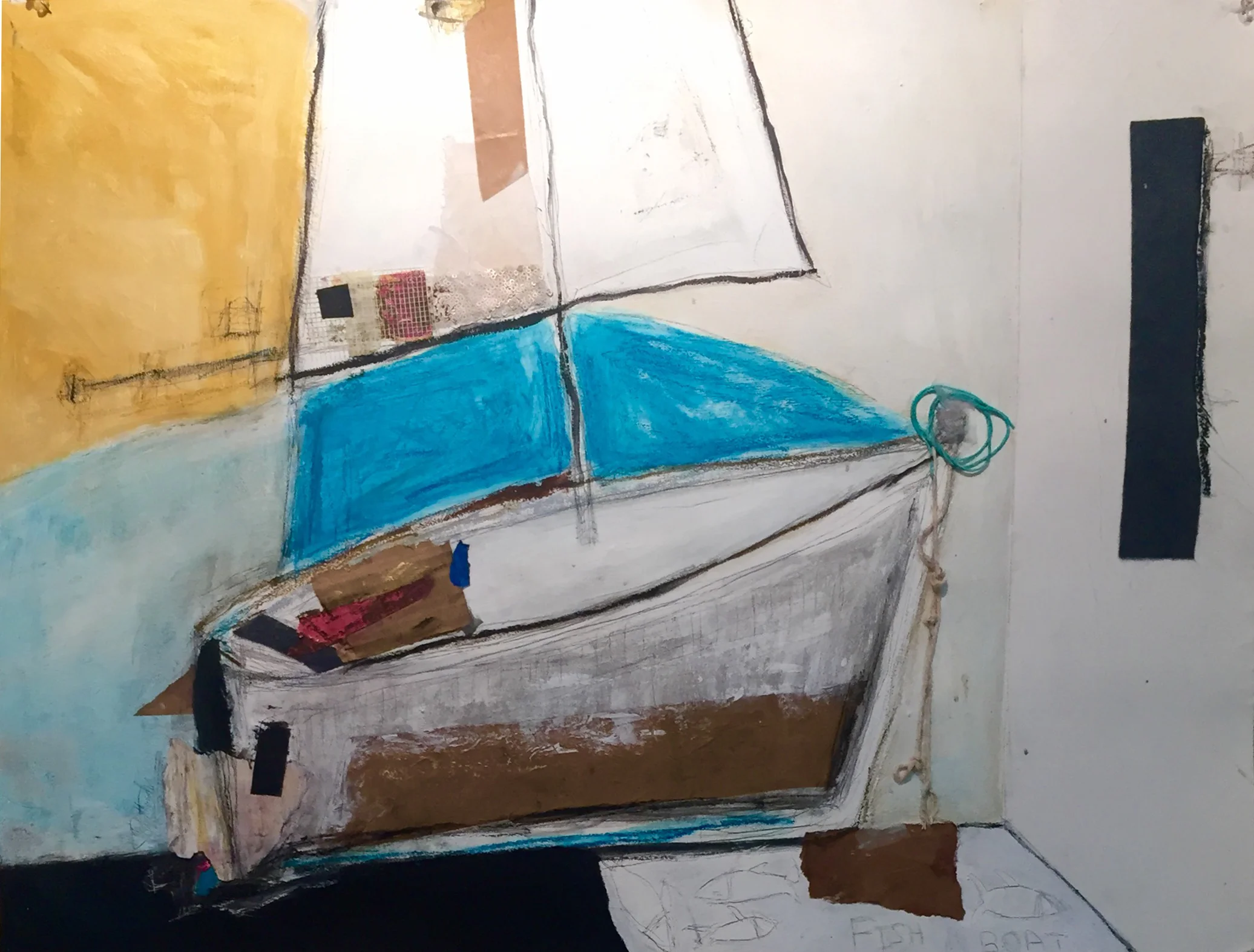 Tethered , oil, acrylic, pencil, pastel, crayon, felt, electrical tape, painter’s tape, rice paper, string, 22 1/2" x 30", $2,000