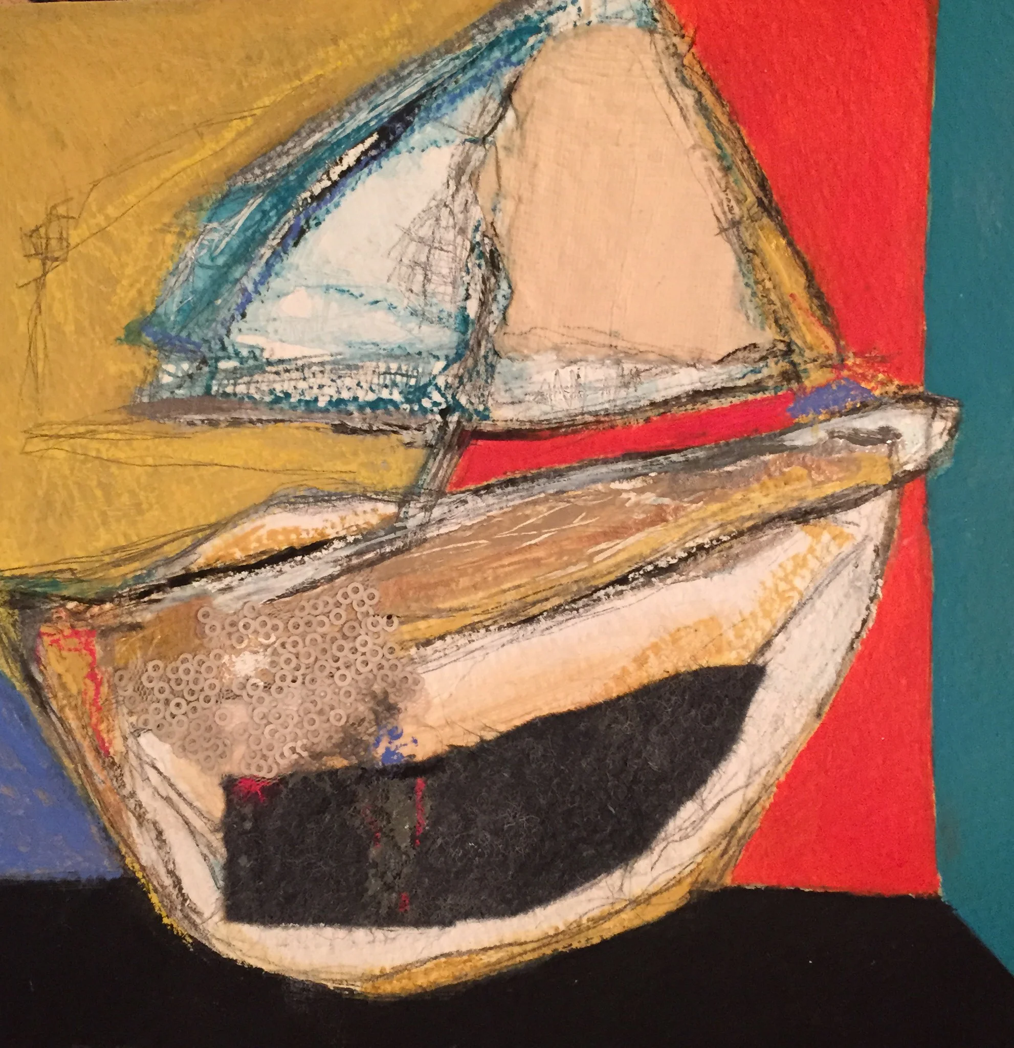 The Whaler , oil, acrylic, pencil, pastel, crayon, rice paper, felt, sequins, tar, shellac on paper, 11 1/4" x 11 1/4" framed, $450