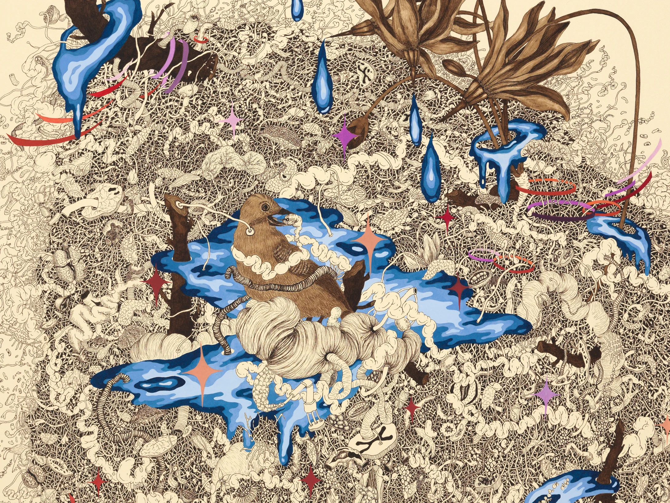 Detail from Intueri IV , mineral pigment, micro pigment pen and walnut ink on paper, 32 1/2" x 24 1/2" framed, $6,000