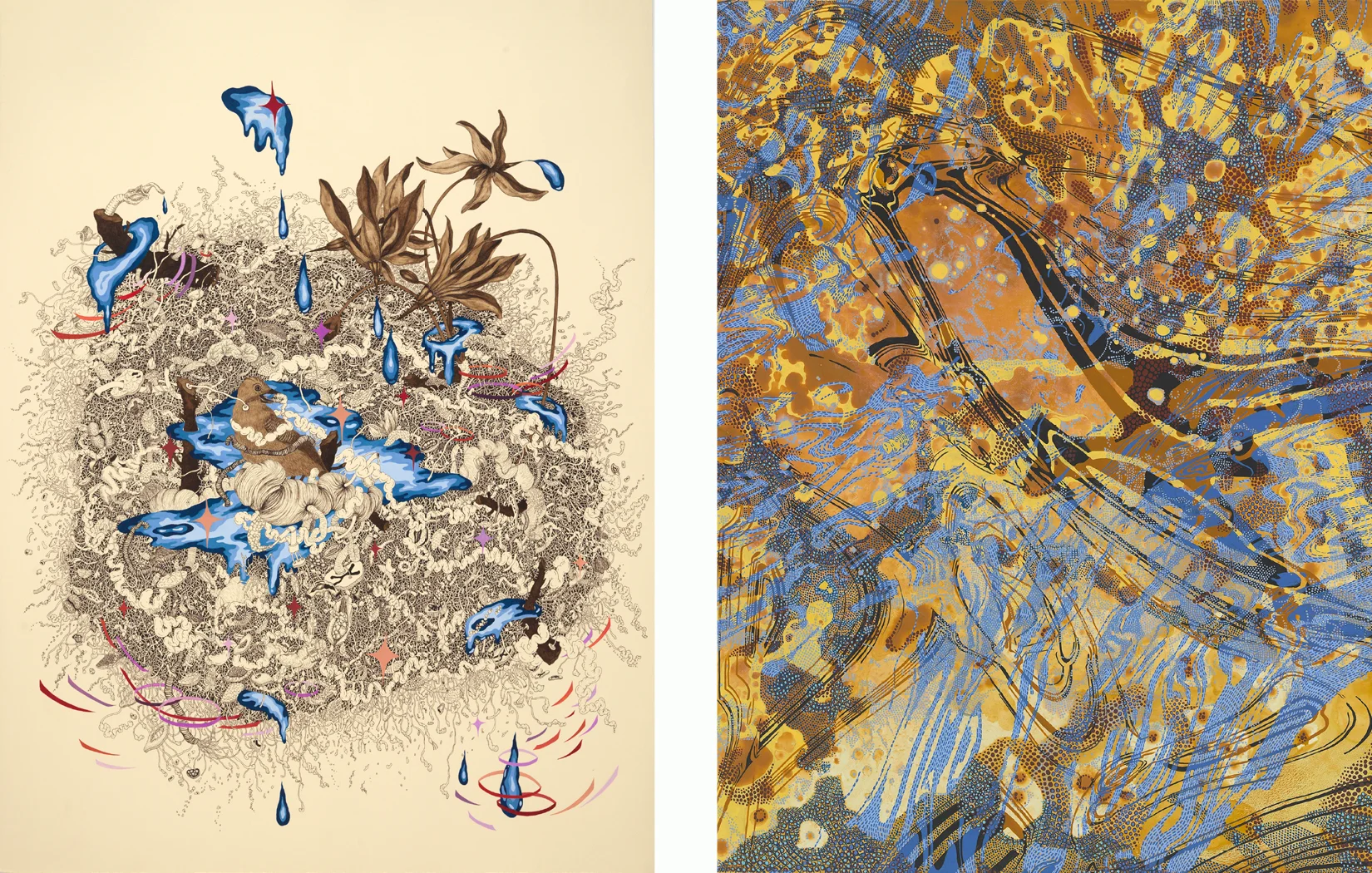Above left to right: Naoe Suzuki , Intueri IV , mineral pigment, micro pigment pen and walnut ink on paper; Lynda Schlosberg , Ecstasy of Unity , acrylic on panel