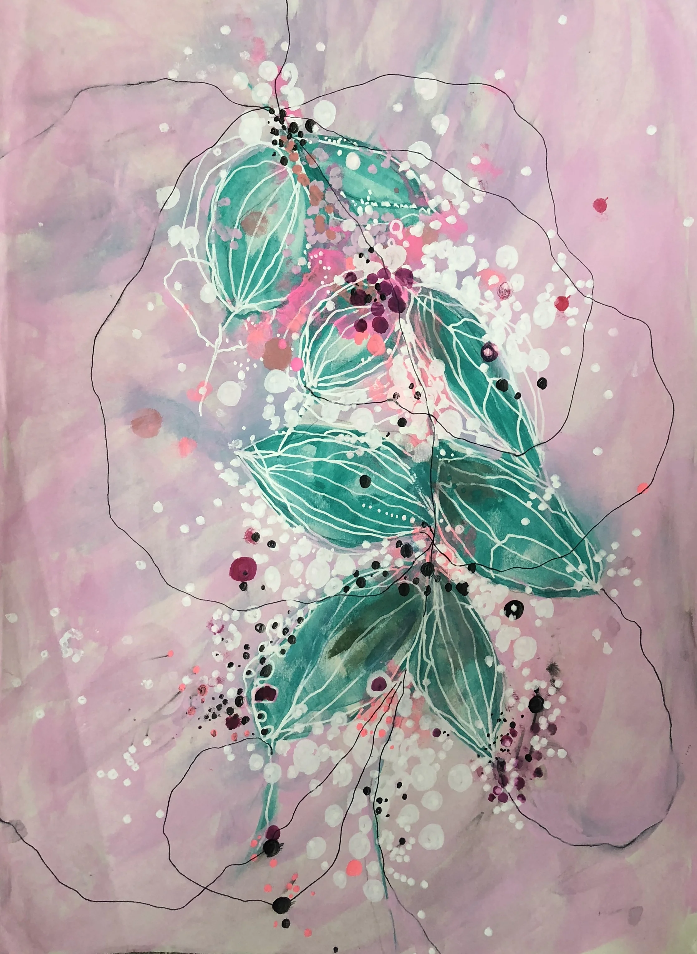 Parasol Petals , pen and ink, pencil, and acrylic on paper, 14" x 12" framed, $425